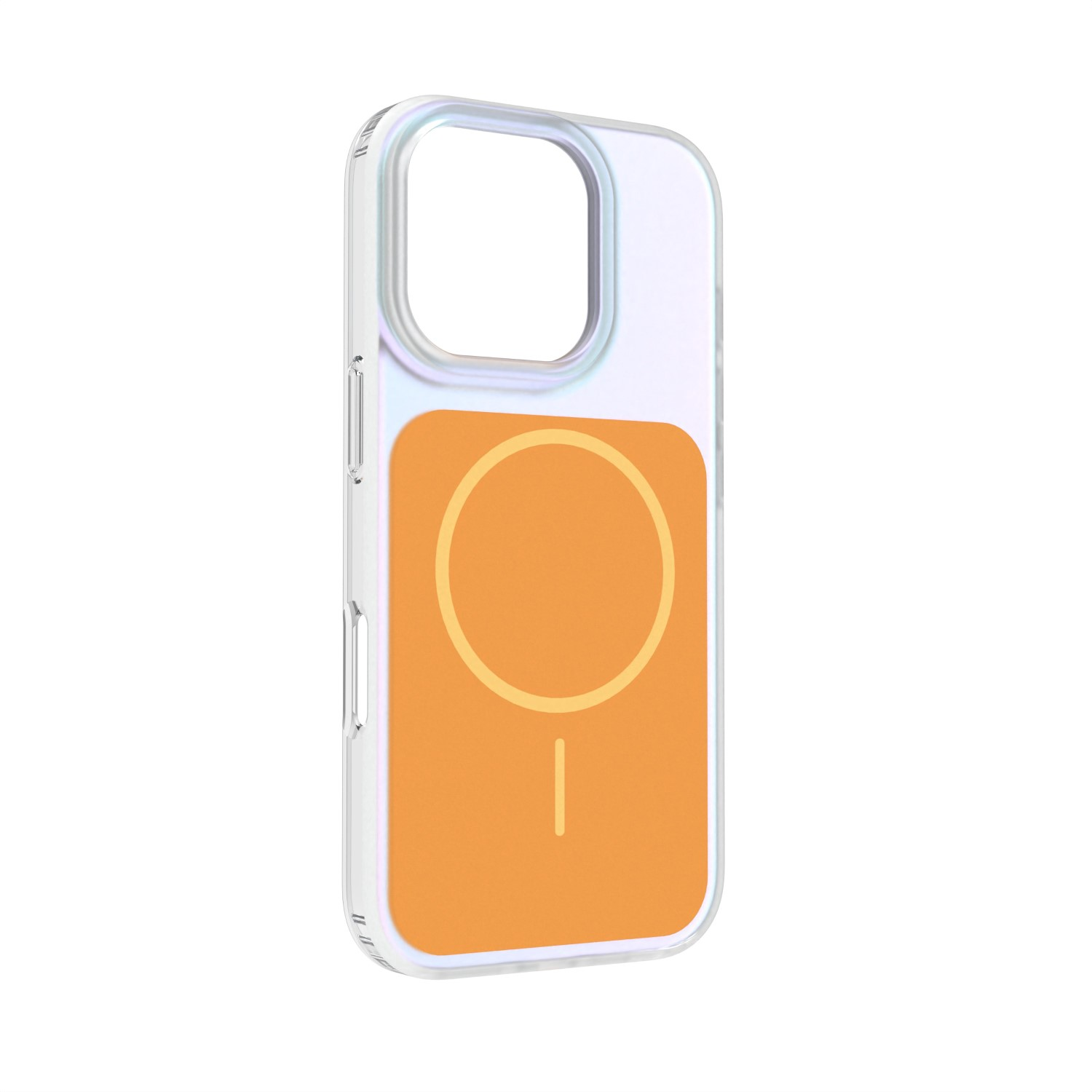 Custodia trasparente per telefono con design a cerchio magnetico arancione.
