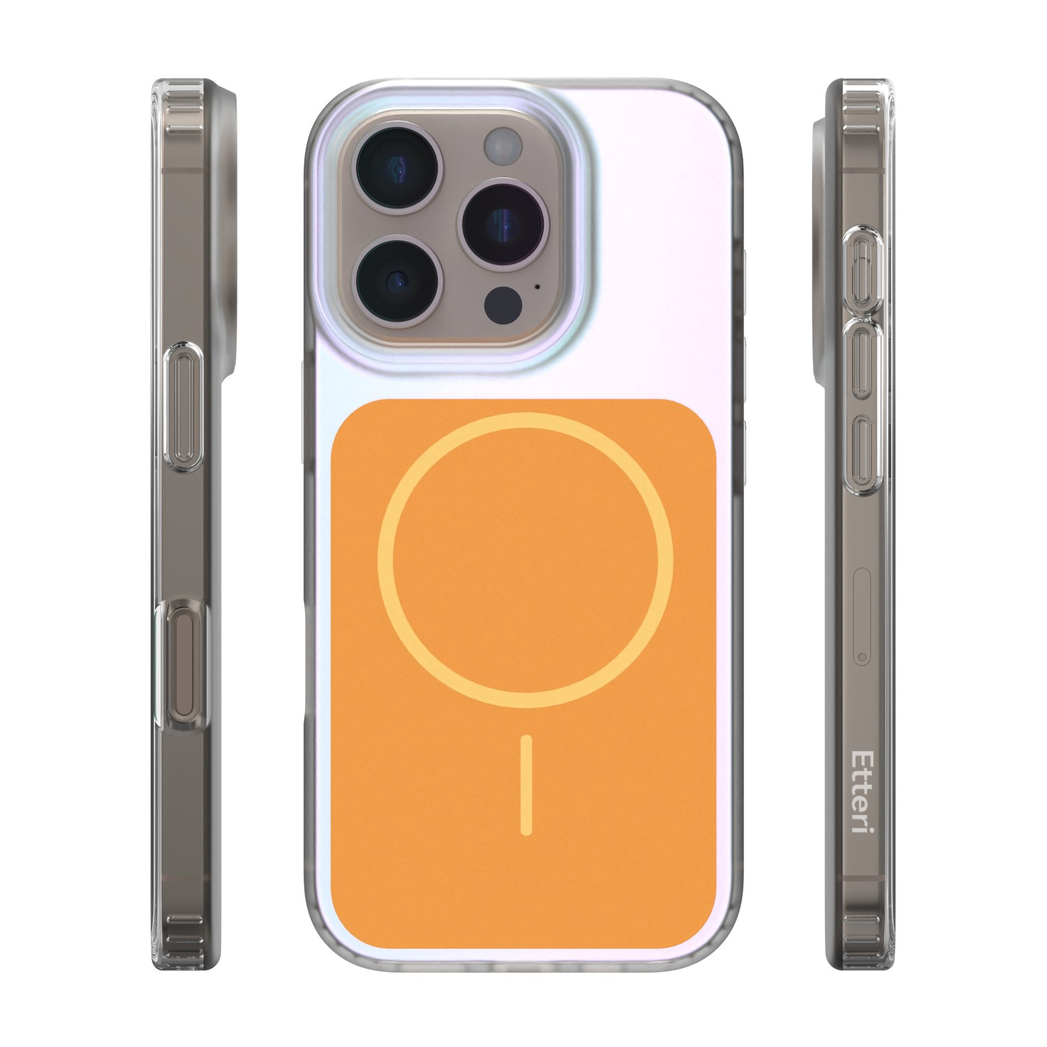 Custodia trasparente con cerchio MagSafe arancione su iPhone.