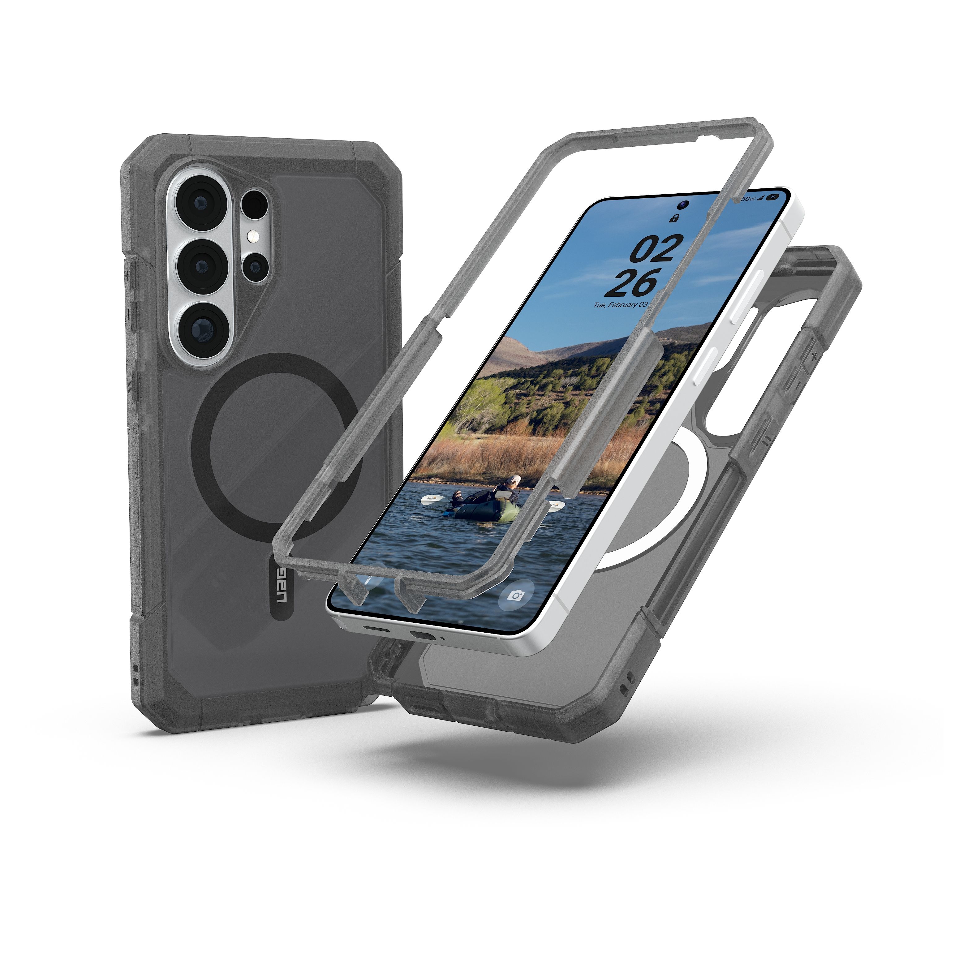 Ein Smartphone mit Schutzhülle und Magnetring vor weißem Hintergrund.