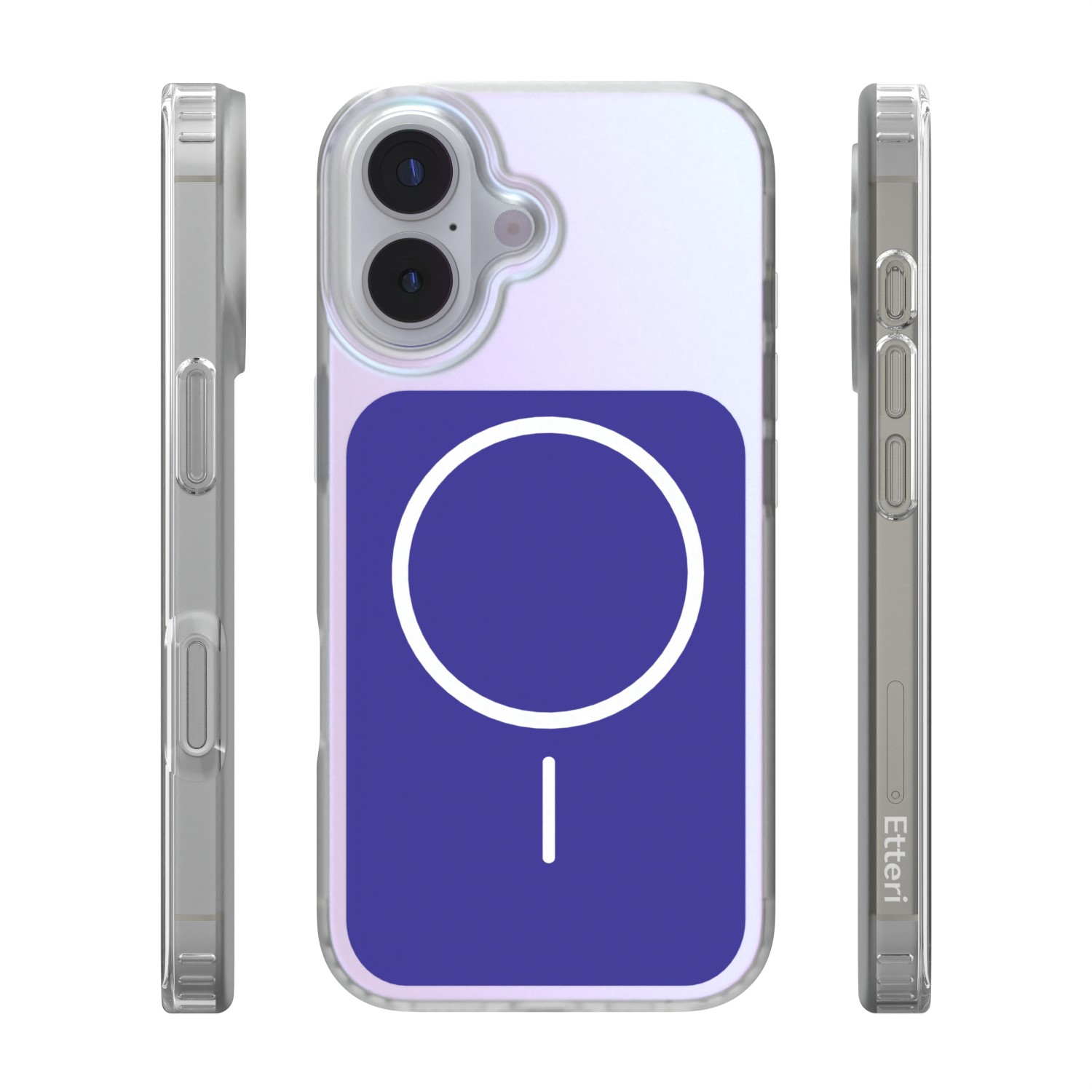 Custodia trasparente per telefono con simbolo MagSafe blu scuro, viste frontale e laterali.