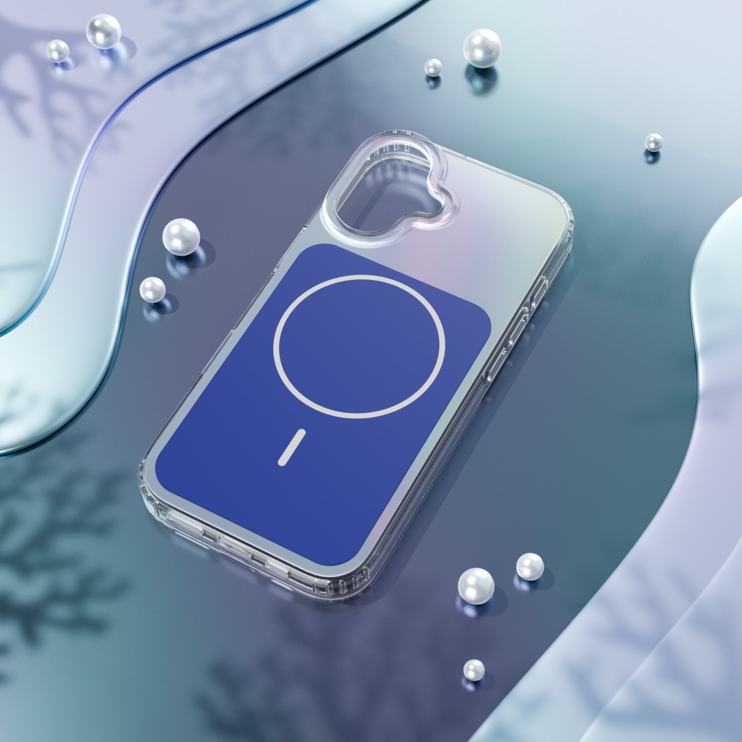 Una custodia trasparente per telefono con sfondo blu e simbolo cerchio/linea bianco.