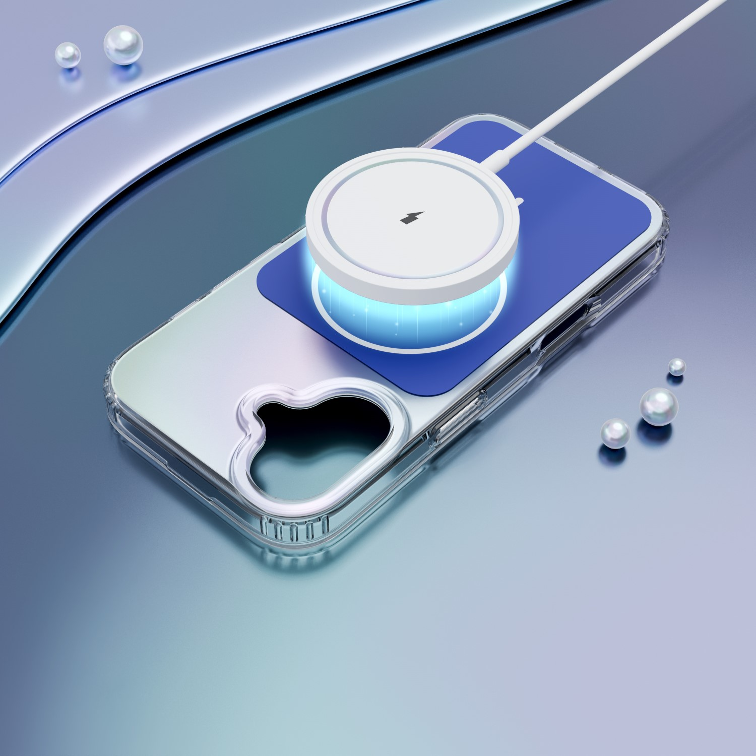 Un caricabatterie wireless bianco alimenta uno smartphone con retro blu in una custodia trasparente.