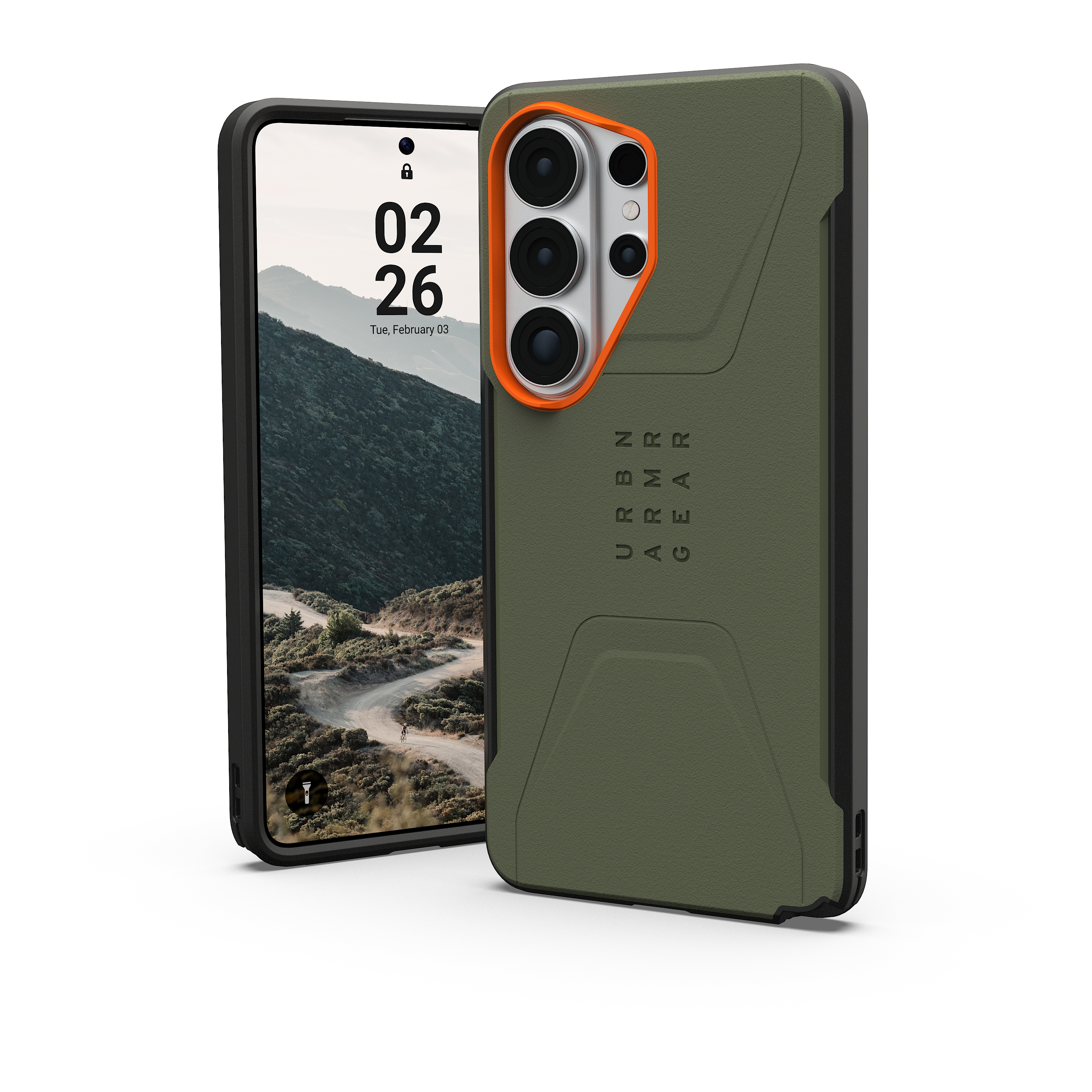 Ein grünes Handy mit orangefarbenem Kamerarahmen und Berglandschaft auf dem Display.