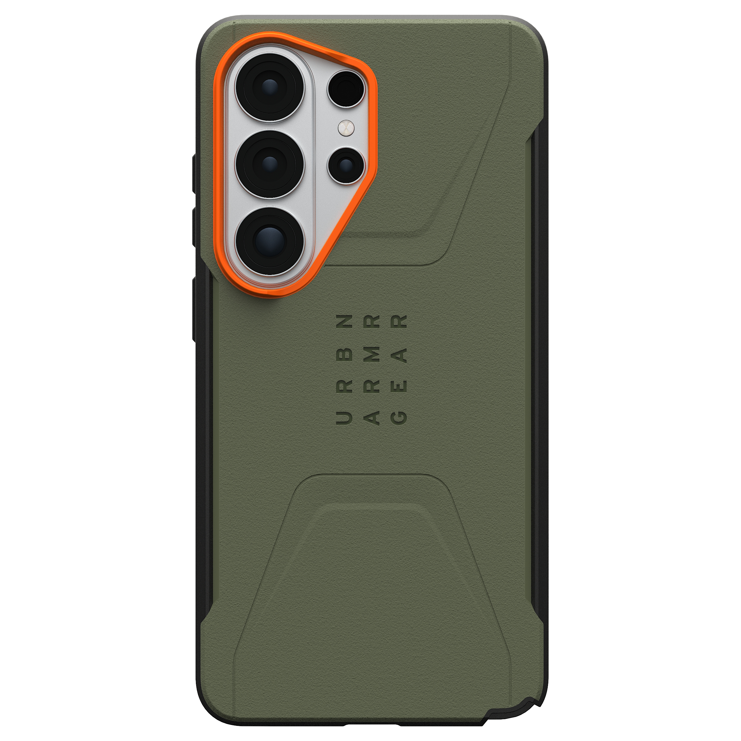 Grüne Handyhülle mit Kamera-Array und orangefarbenem Rand. Text 'URBN ARMOR GEAR'.