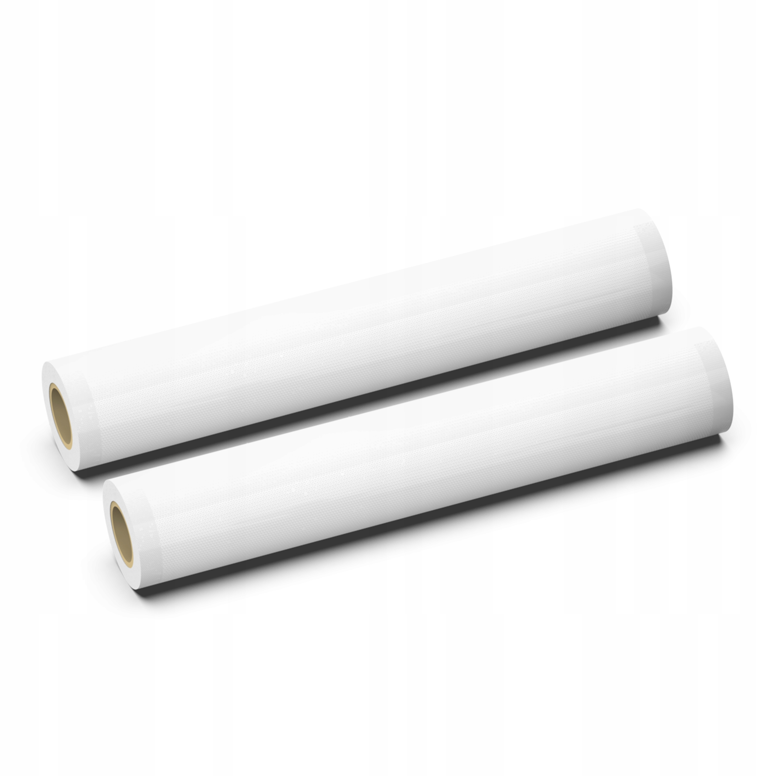 Dwa białe wałki do pakowania próżniowego z drobnym wzorem rombów leżą obok siebie.