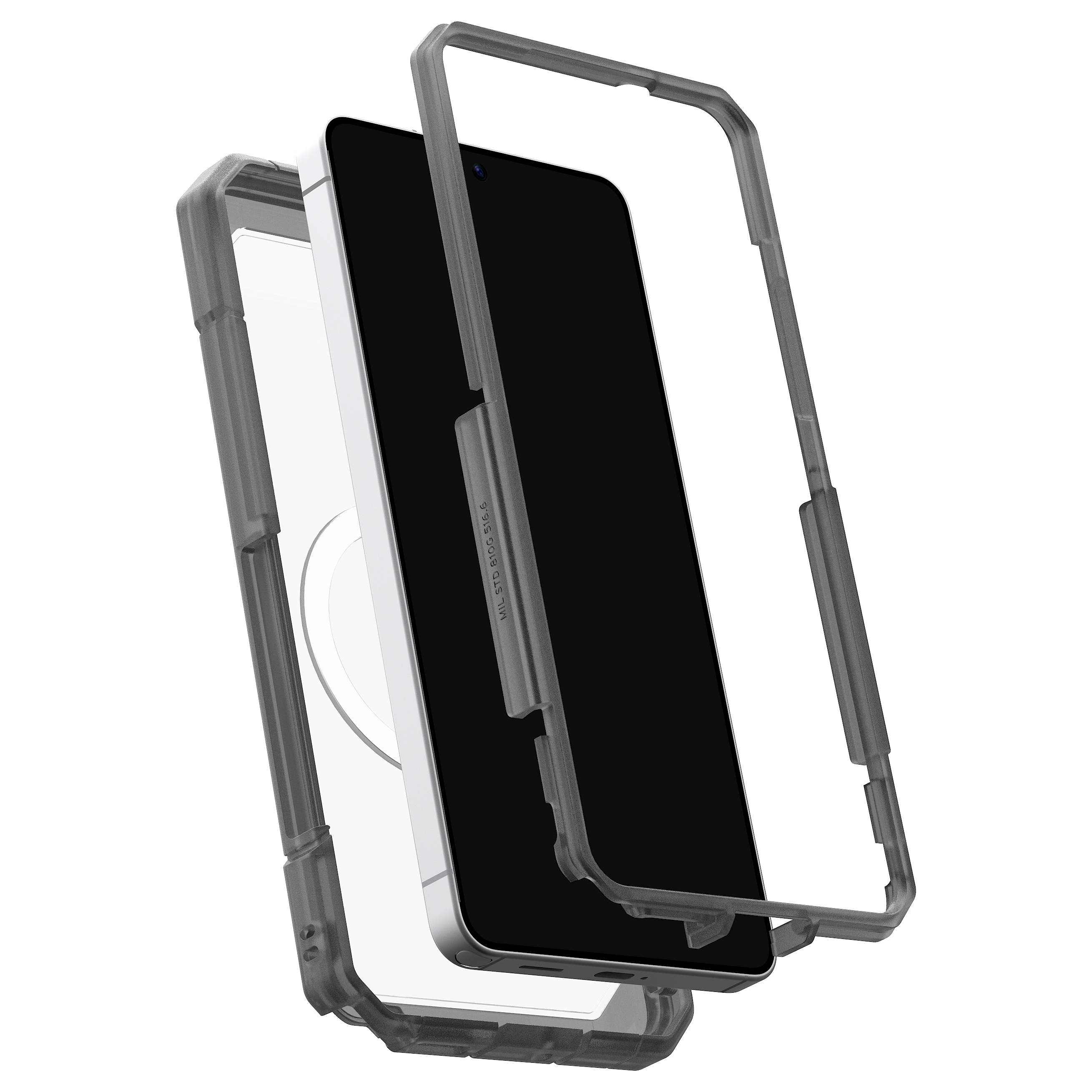 Ein Smartphone mit einem transparenten, zweiteiligen Schutzrahmen, der es umgibt.