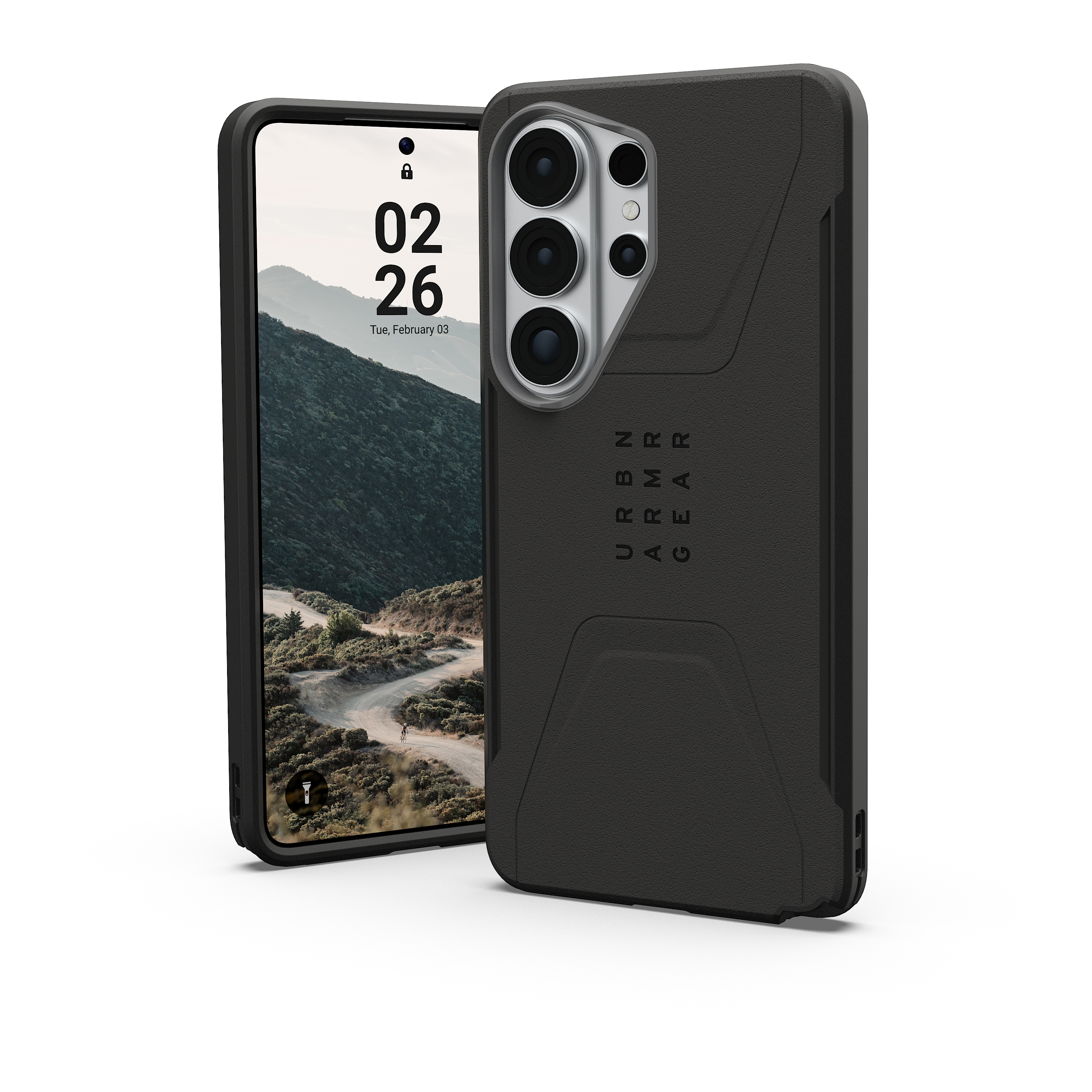 Ein schwarzes Smartphone mit einer robusten Hülle und einer Berglandschaft auf dem Display.
