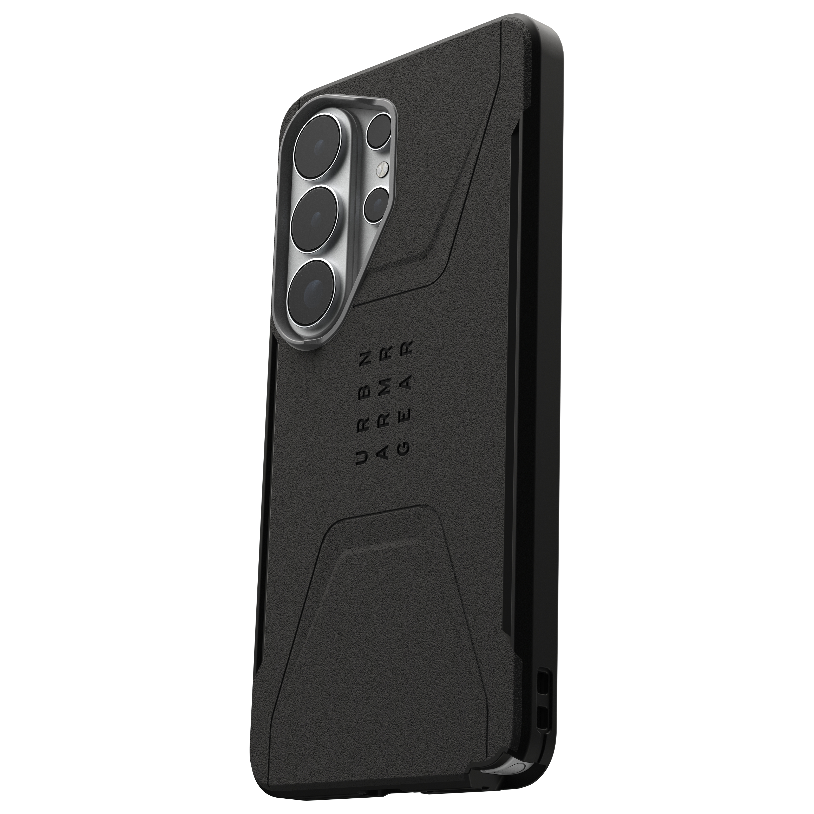 Schwarzes Smartphone-Case mit dreifacher Kamera und geprägtem Logo.