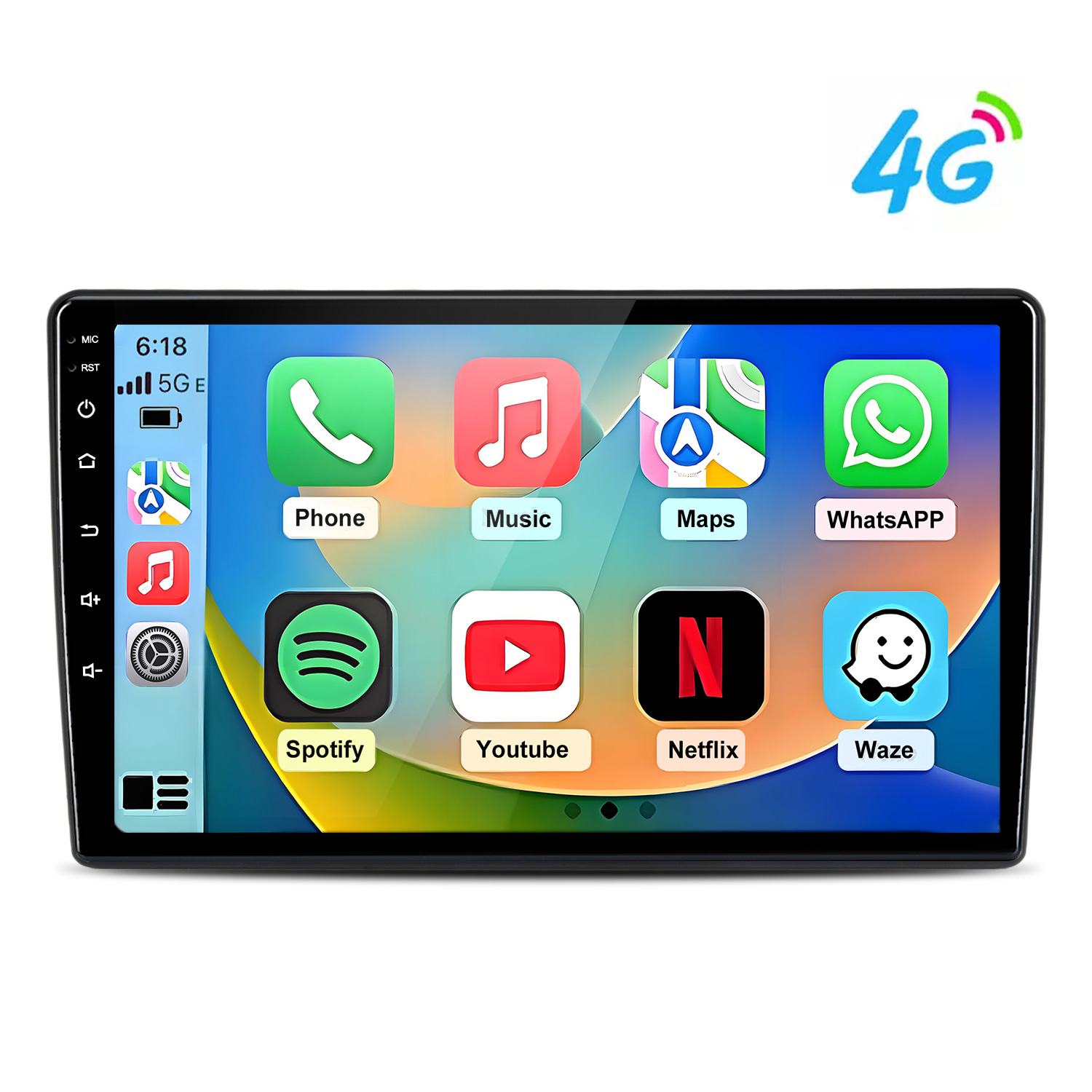 Auto-Infotainment-Bildschirm zeigt Symbole für Telefon, Musik, Karten, WhatsApp, Spotify, YouTube, Netflix, Waze.