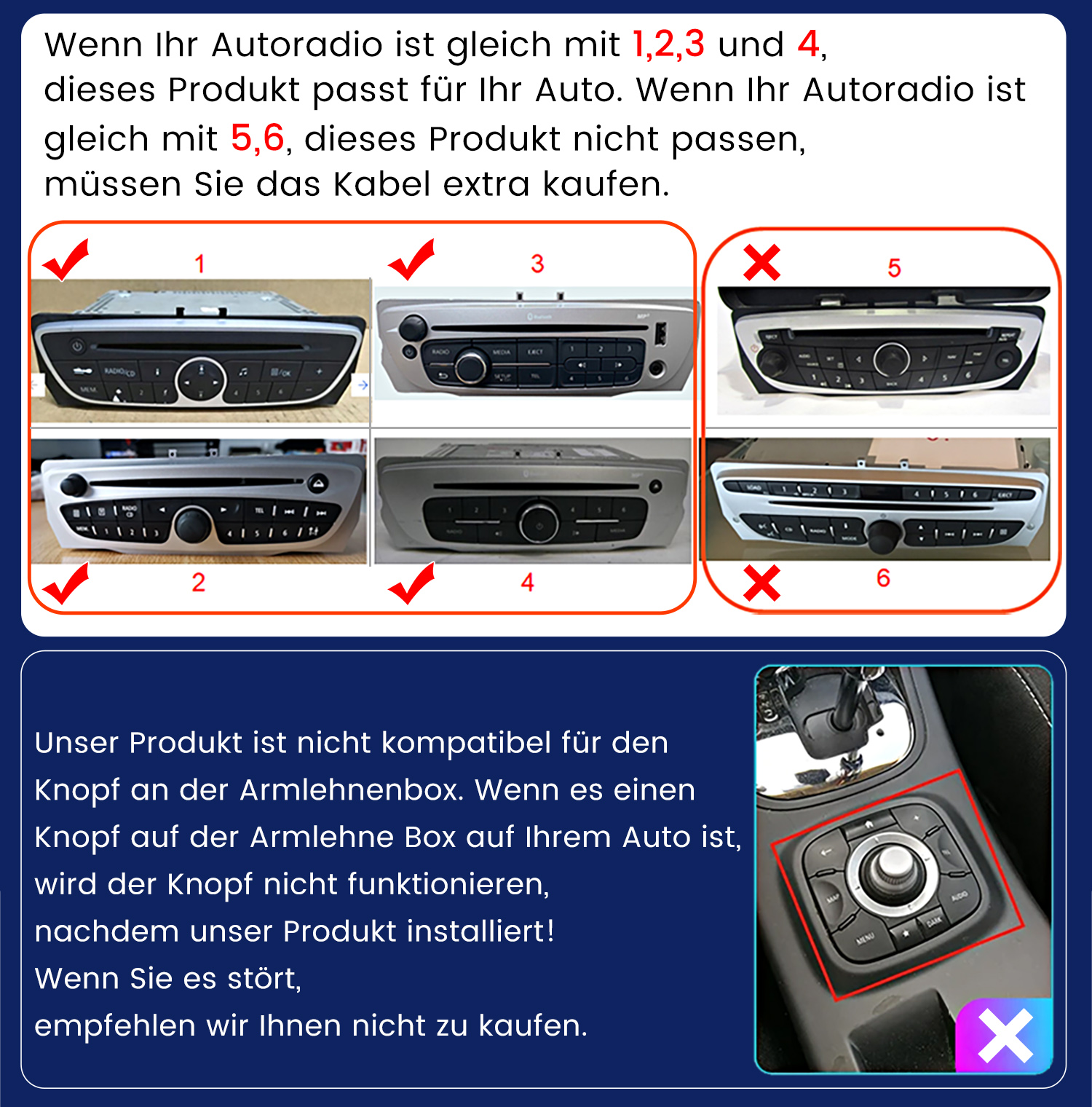 Vergleich von Autoradios: Modelle 1-4 passen, 5-6 benötigen extra Kabel.