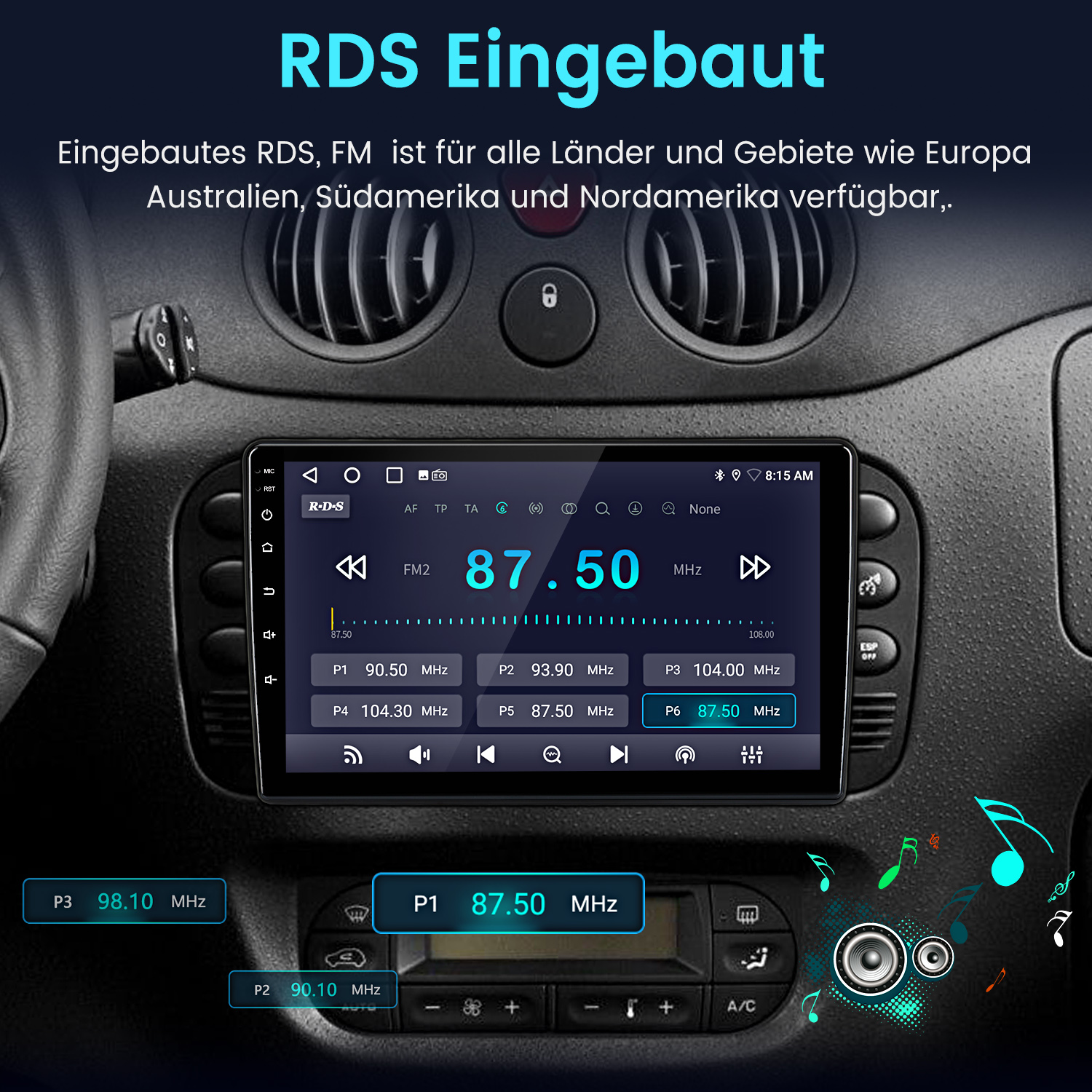 Ein Autoradio mit Touchscreen zeigt FM2 87.50 MHz an. Es gibt gespeicherte Sender.