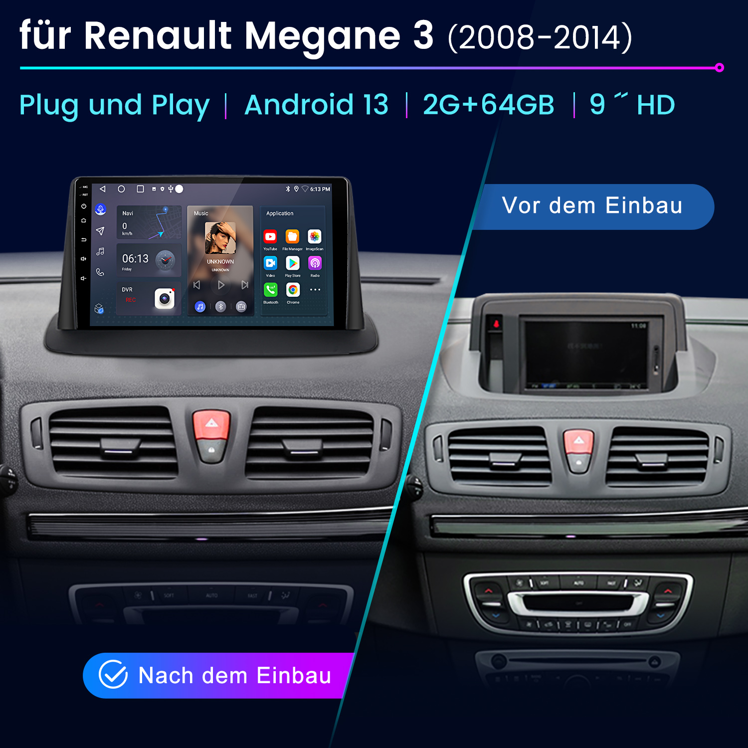 Vorher/Nachher Vergleich eines Autoradios für Renault Megane 3.