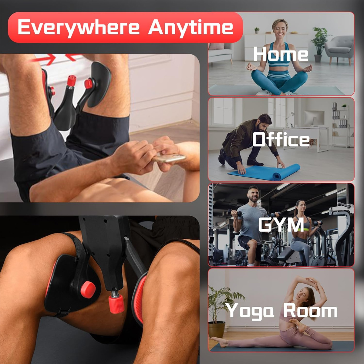 Mann benutzt Bein-Trainingsgerät. Szenen zeigen Home, Office, Gym, Yoga.