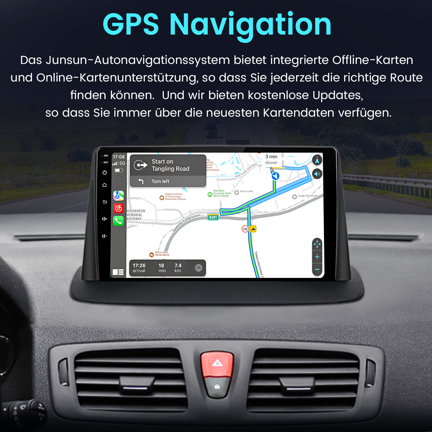 Ein Navigationssystem zeigt eine Karte mit einer Route auf einem Autoradio-Bildschirm.