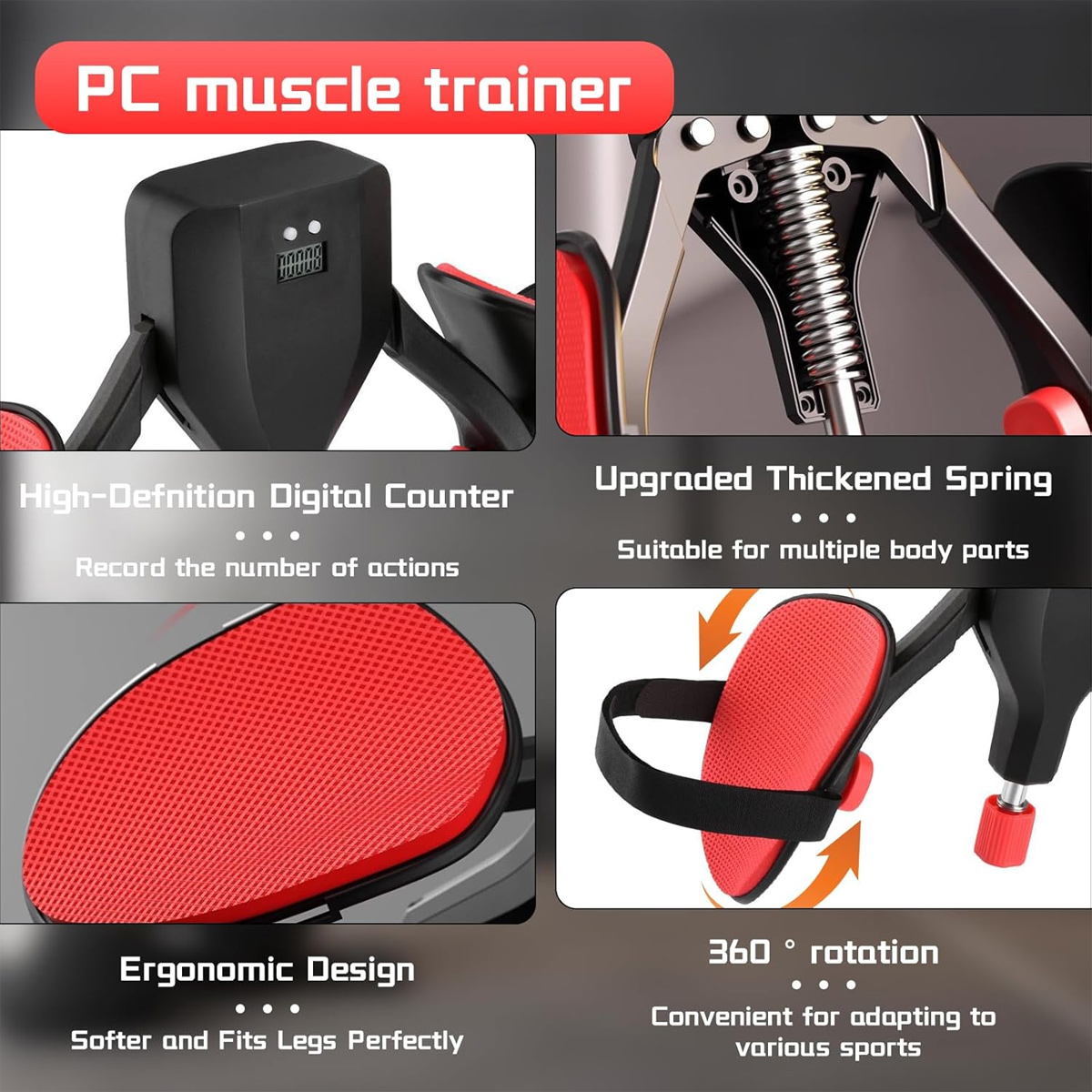 PC-Muskeltrainer mit digitalem Zähler, Feder und 360°-Rotation.