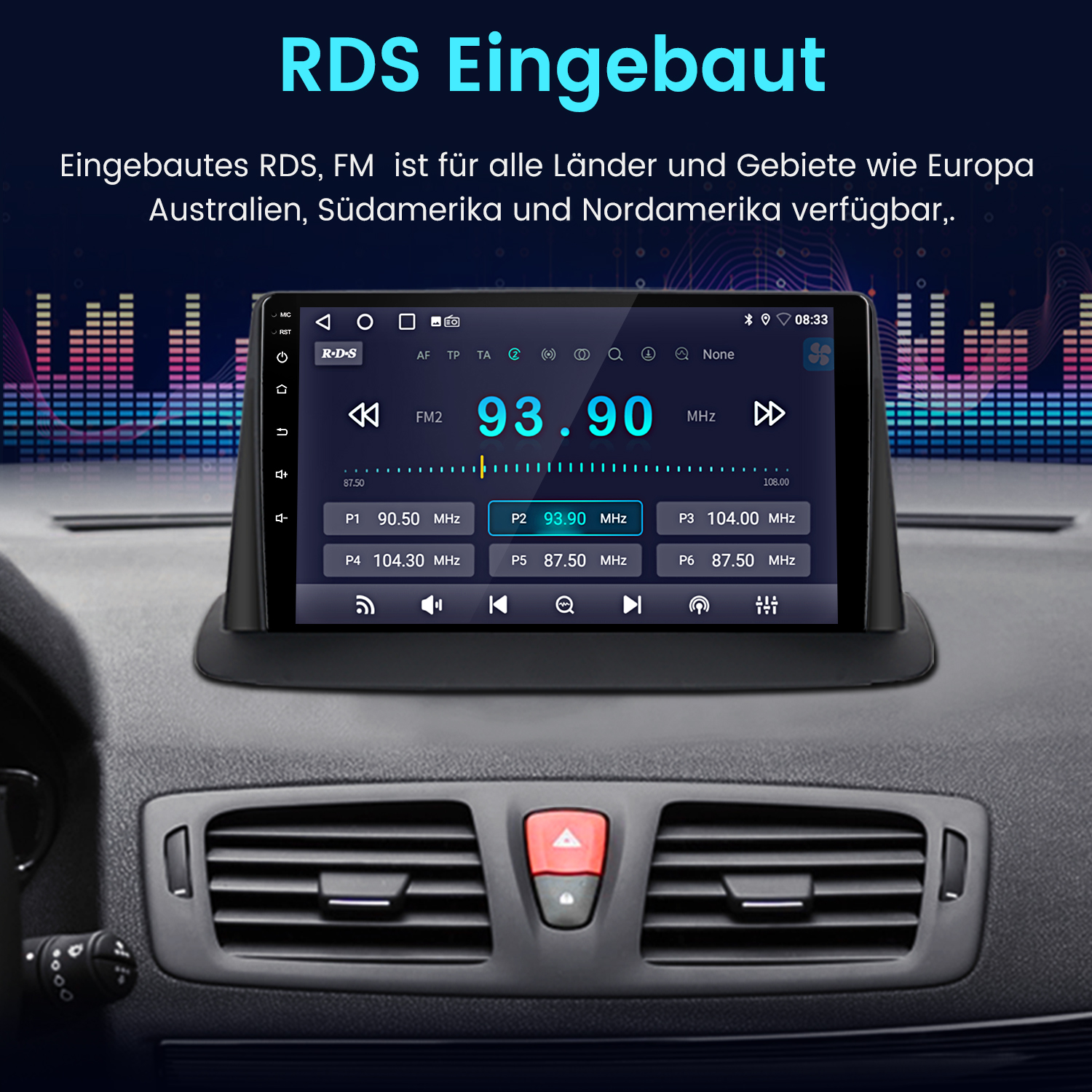 Ein Autoradio-Display zeigt FM2 mit 93.90 MHz und Sender-Presets.