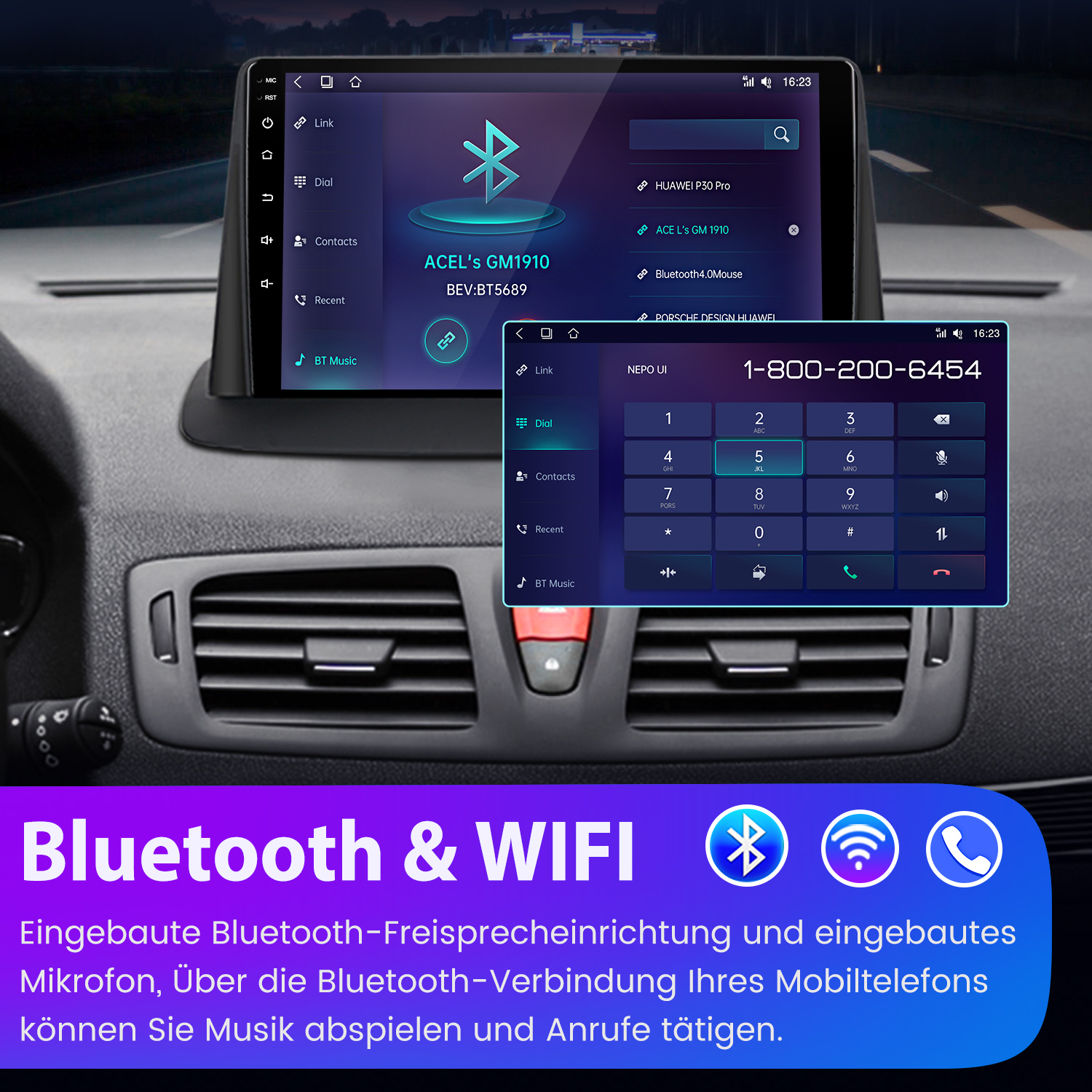 Autodisplay zeigt Bluetooth-Menü und Wähltastatur mit Telefonnummer.