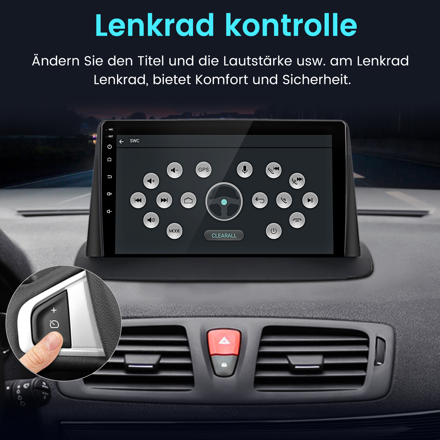 Autodisplay zeigt Lenkradsteuerung mit Tasten für Lautstärke, GPS und Musik.