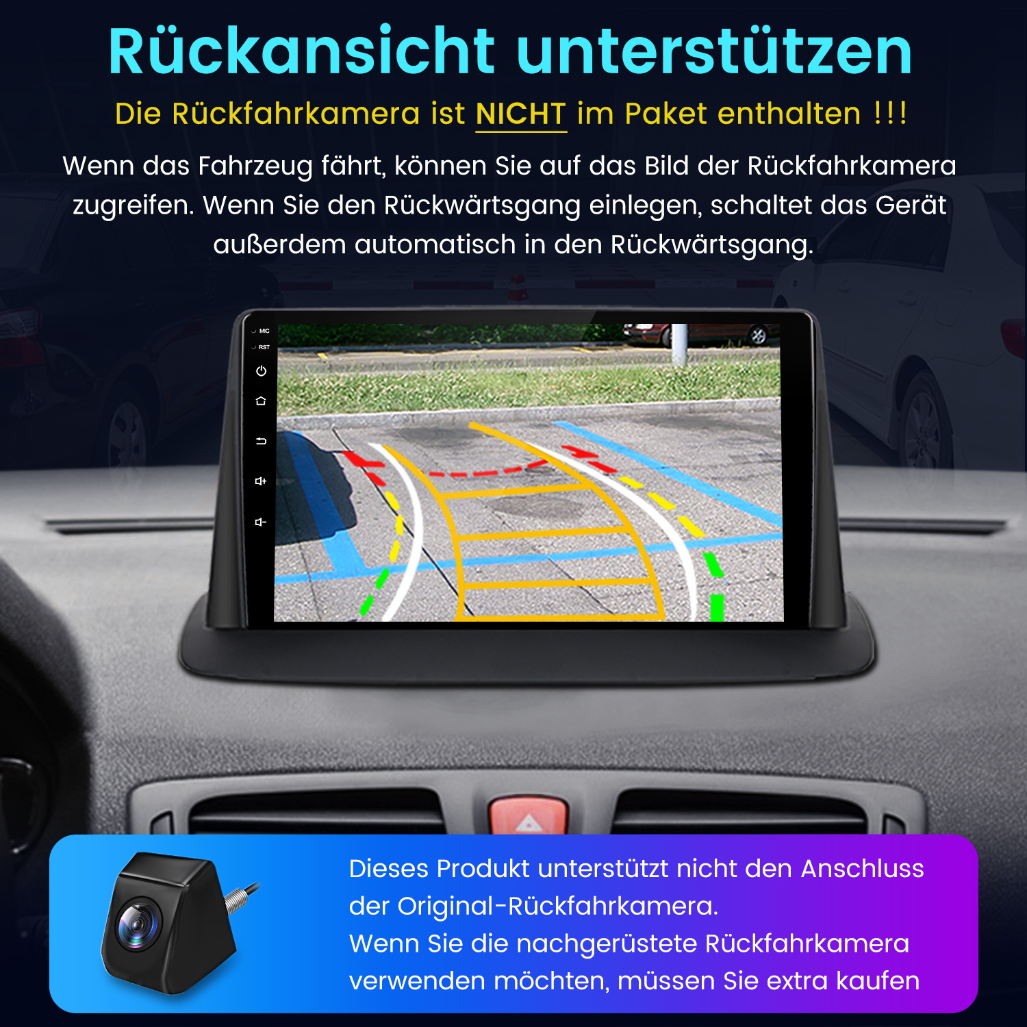Auto-Rückfahrkamera-Display mit Parkhilfslinien und Kleinkamera.