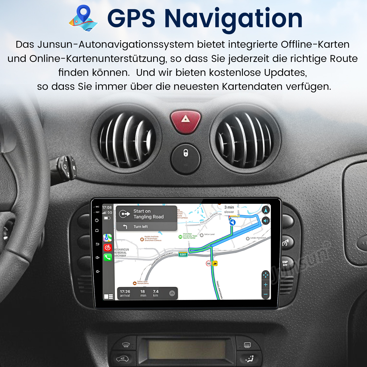 Ein Navigationssystem im Auto zeigt eine Karte mit einer Route und Fahrinformationen.