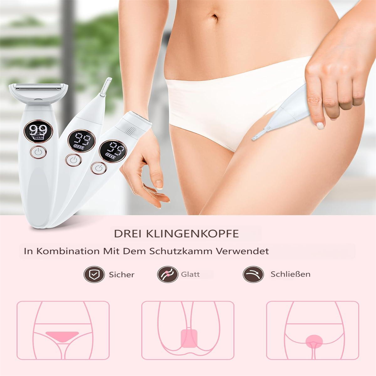 Drei weiße Epilierer mit digitalen Anzeigen vor einer Frau, die sich rasiert.