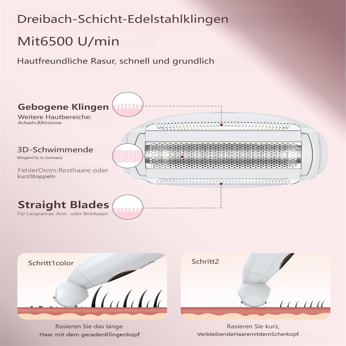 Ein Epilierer mit drei Schichten Edelstahlklingen, 6500 U/min.