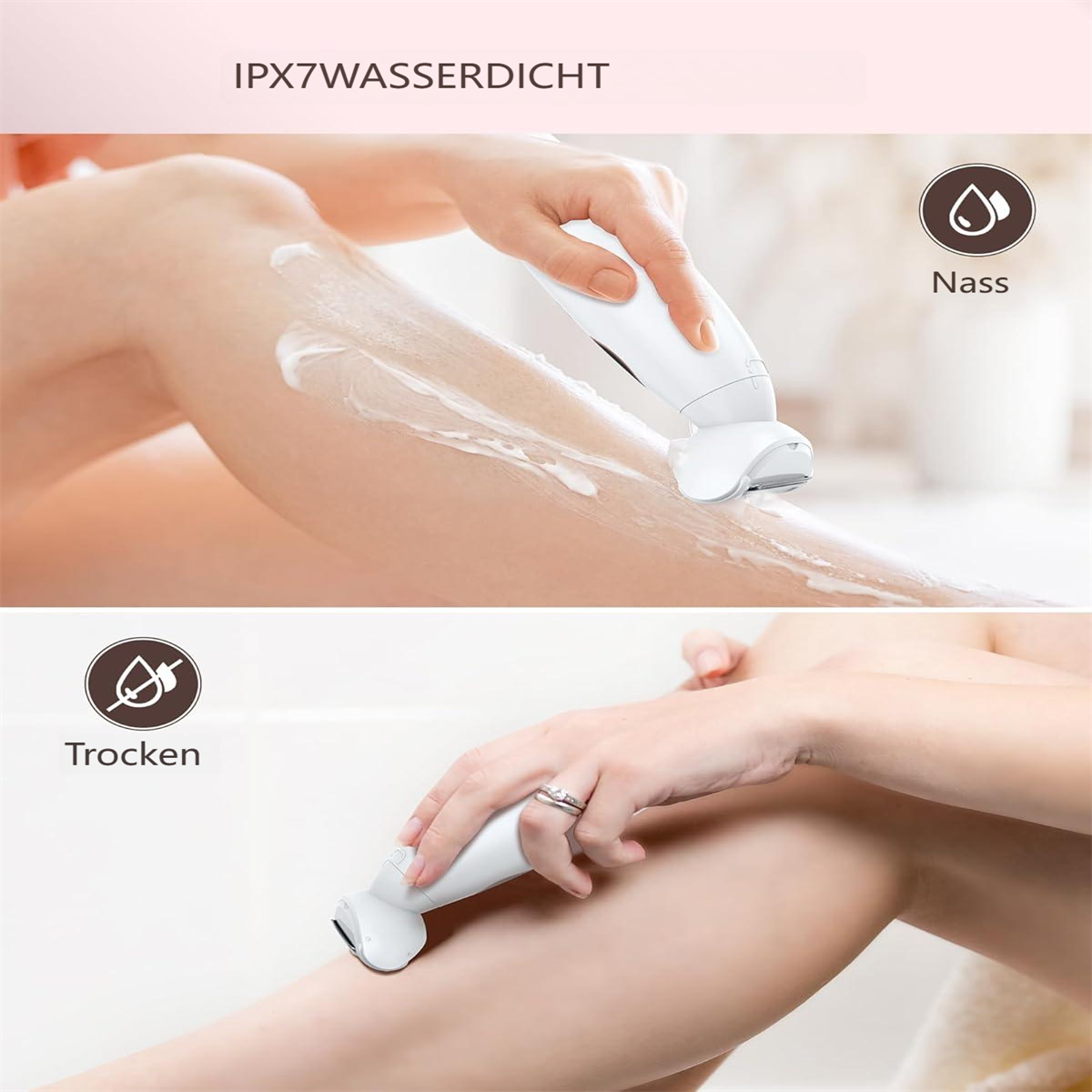 Frau rasiert nass und trocken ein Bein mit weißem Epilierer.