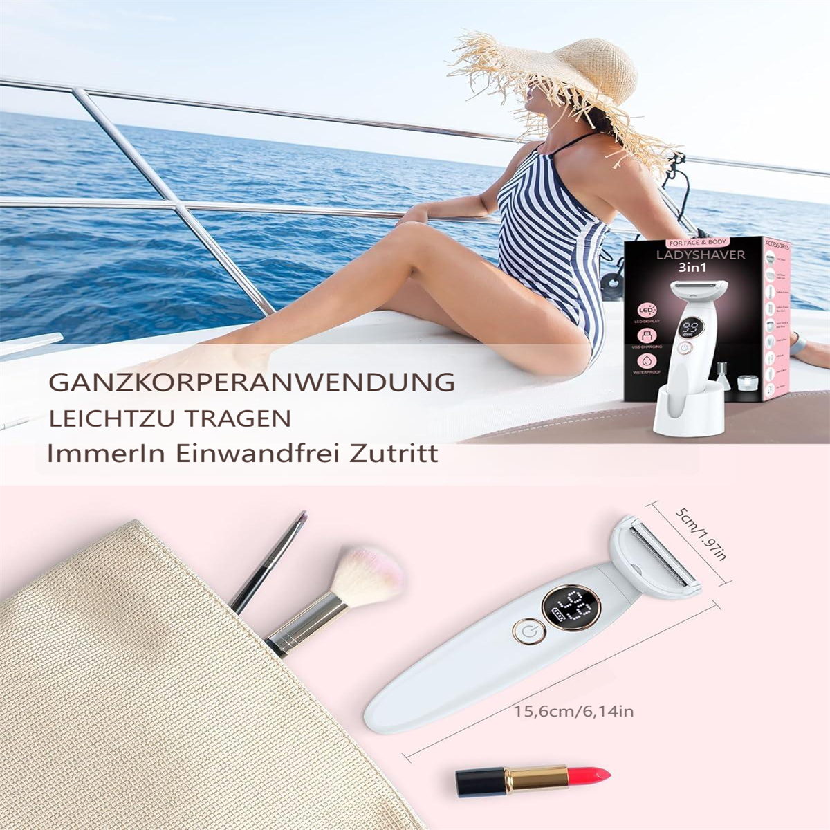 Frau auf Yacht, Damenrasierer, Kosmetik und Lippenstift.