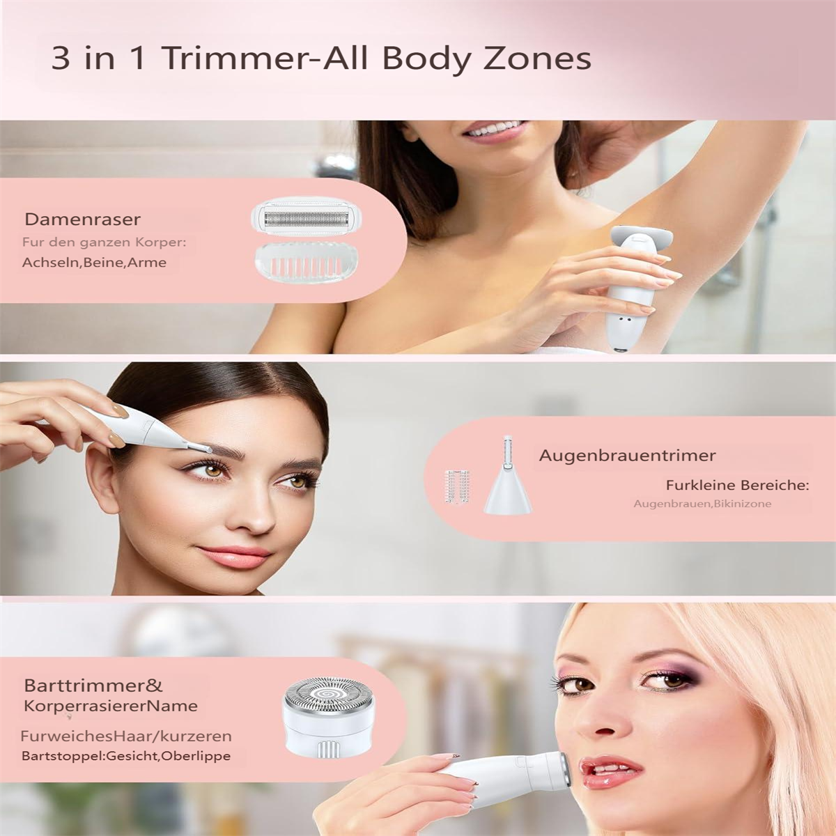 3-in-1-Trimmer: Damenrasierer, Augenbrauentrimmer, Barttrimmer für verschiedene Körperzonen.