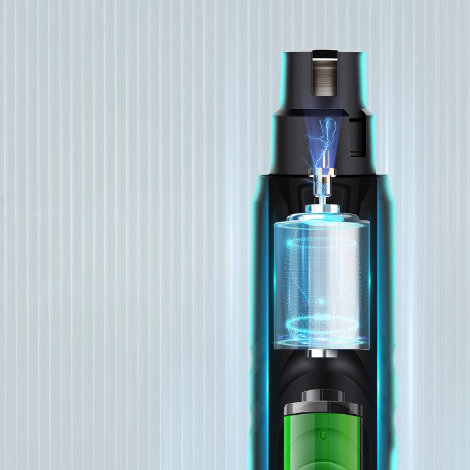 Schnittbild eines Geräts mit grüner Batterie, Spule und Blitzentladung.