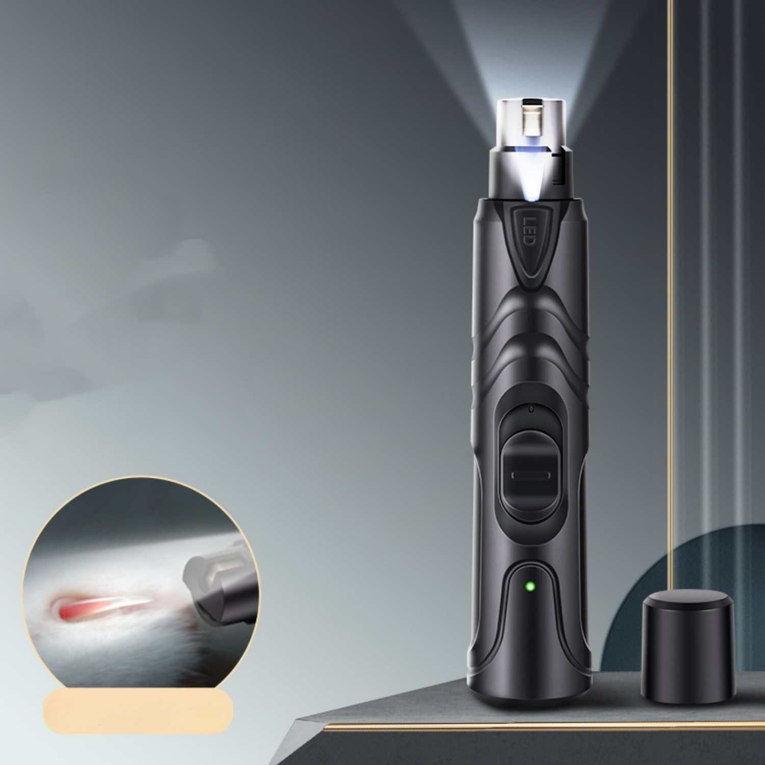 Ein schwarzer Nageltrenner mit LED-Licht und einem Ausschnitt, der einen roten Nagel zeigt.