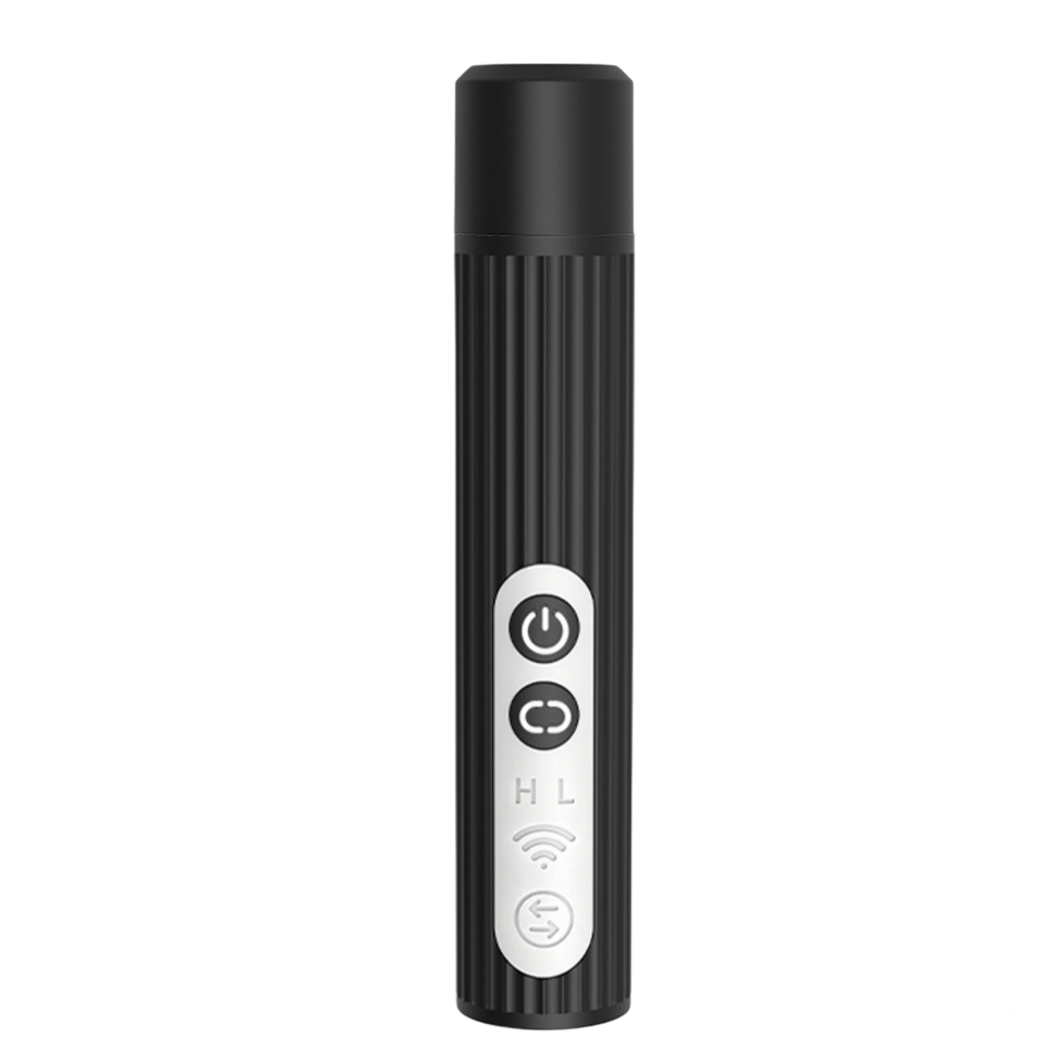 Ein schwarzes, geripptes Gerät mit Bedienelementen und Symbolen.