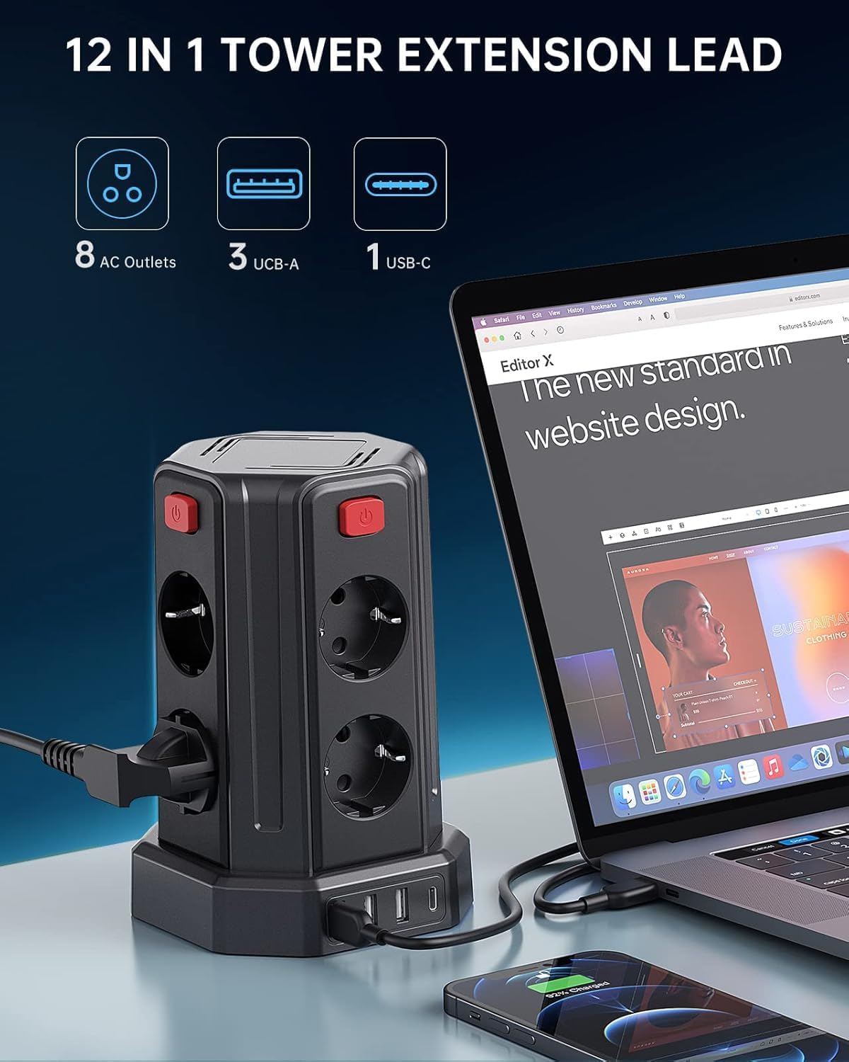 Czarna listwa zasilająca w wieży z czerwonymi przełącznikami, obok laptopa i telefonu.