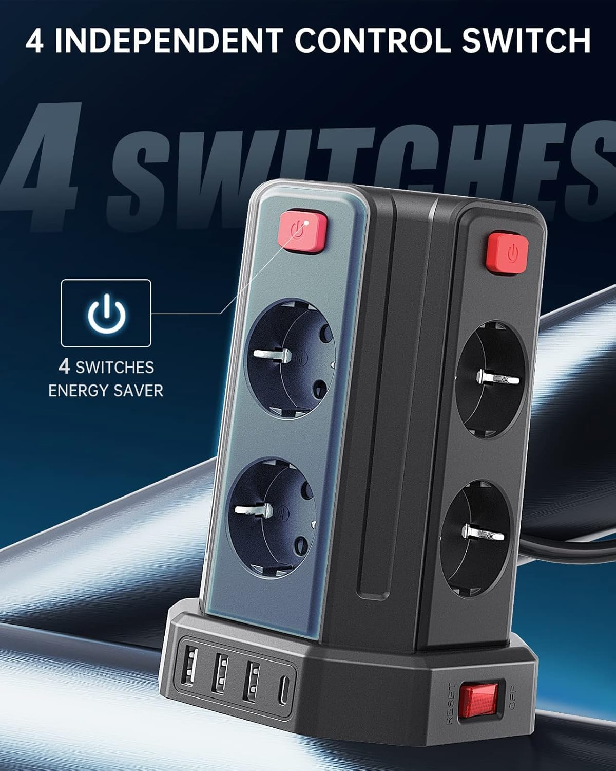 Czarna listwa zasilająca z 4 gniazdami, 4 portami USB i czerwonymi przełącznikami.
