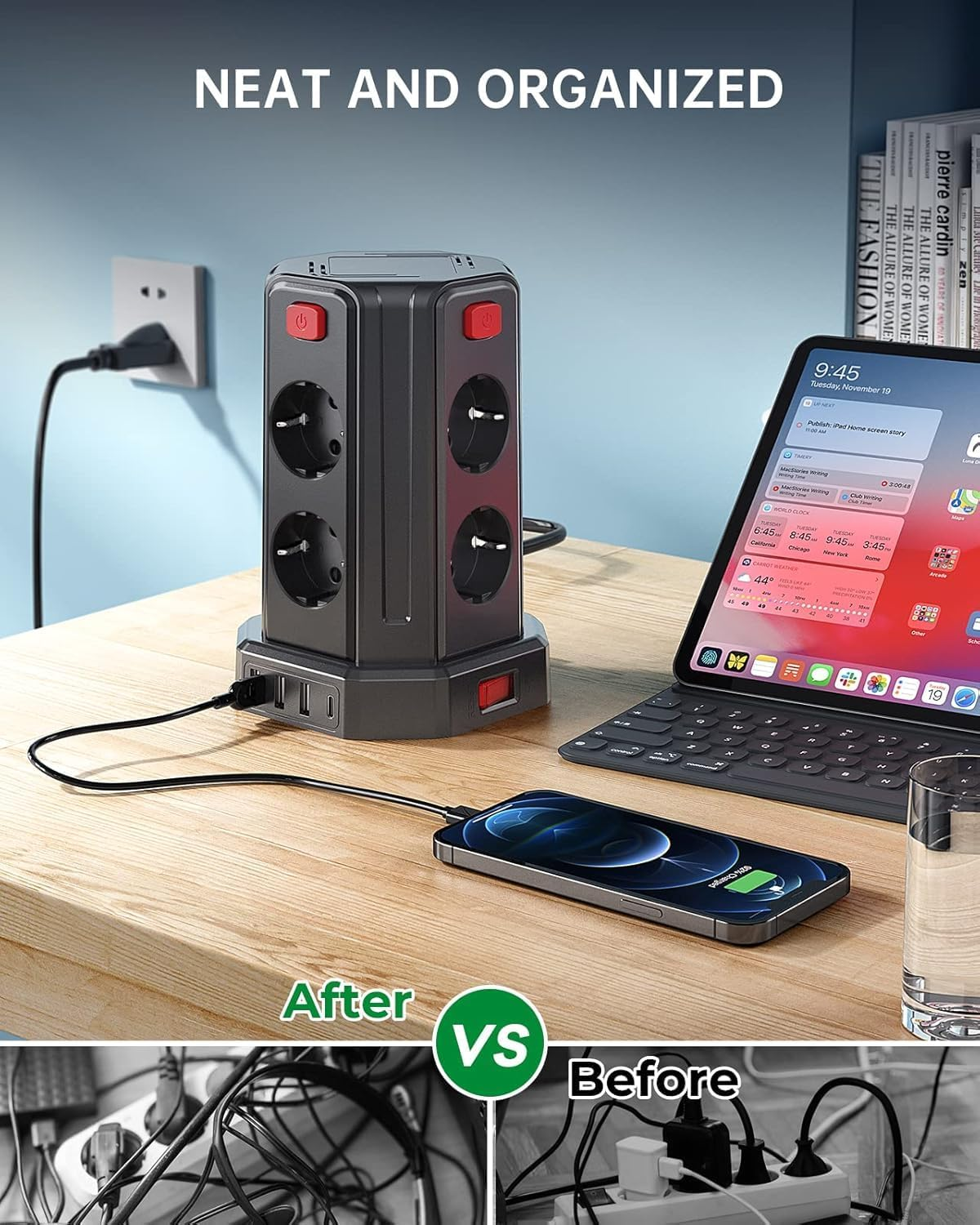 Pionowy listwa zasilająca z portami USB, ładuje telefon komórkowy.