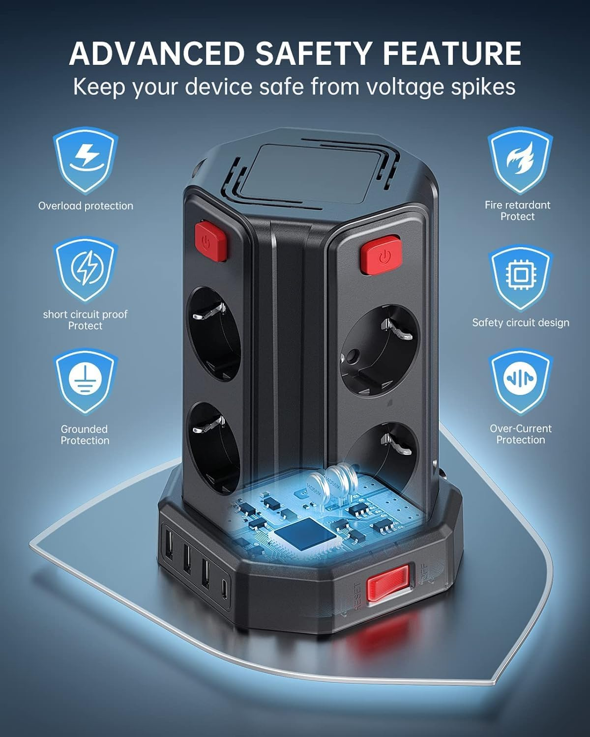 Czarna listwa zasilająca z portami USB i funkcjami bezpieczeństwa.