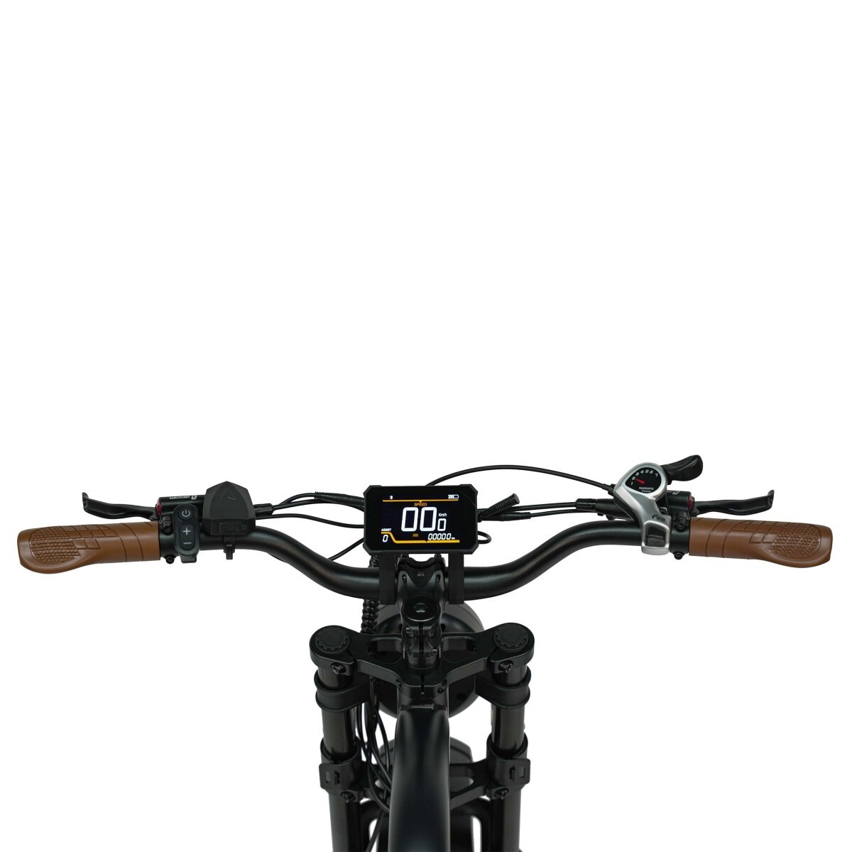 Kierownica roweru elektrycznego z brązowymi uchwytami, cyfrowym wyświetlaczem i kontrolkami.