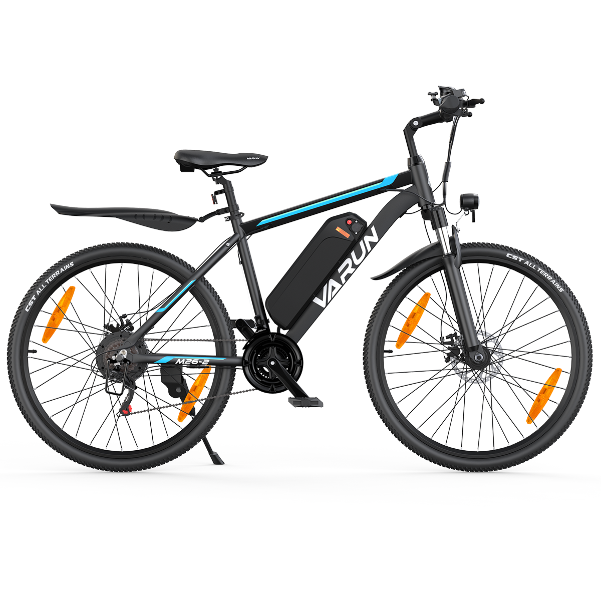 Czarny rower elektryczny z niebieskimi akcentami, amortyzowanym widelcem i szerokimi oponami.