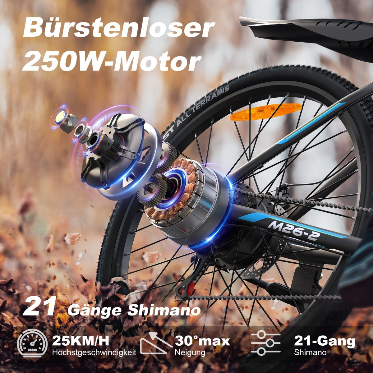 Zbliżenie silnika rowerowego ze zębatkami i cewkami, tekst o silniku 250W.
