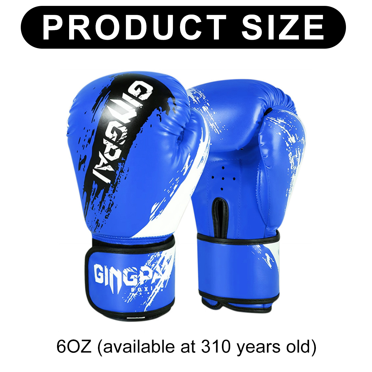 Blaue Boxhandschuhe mit weißen und schwarzen Akzenten.