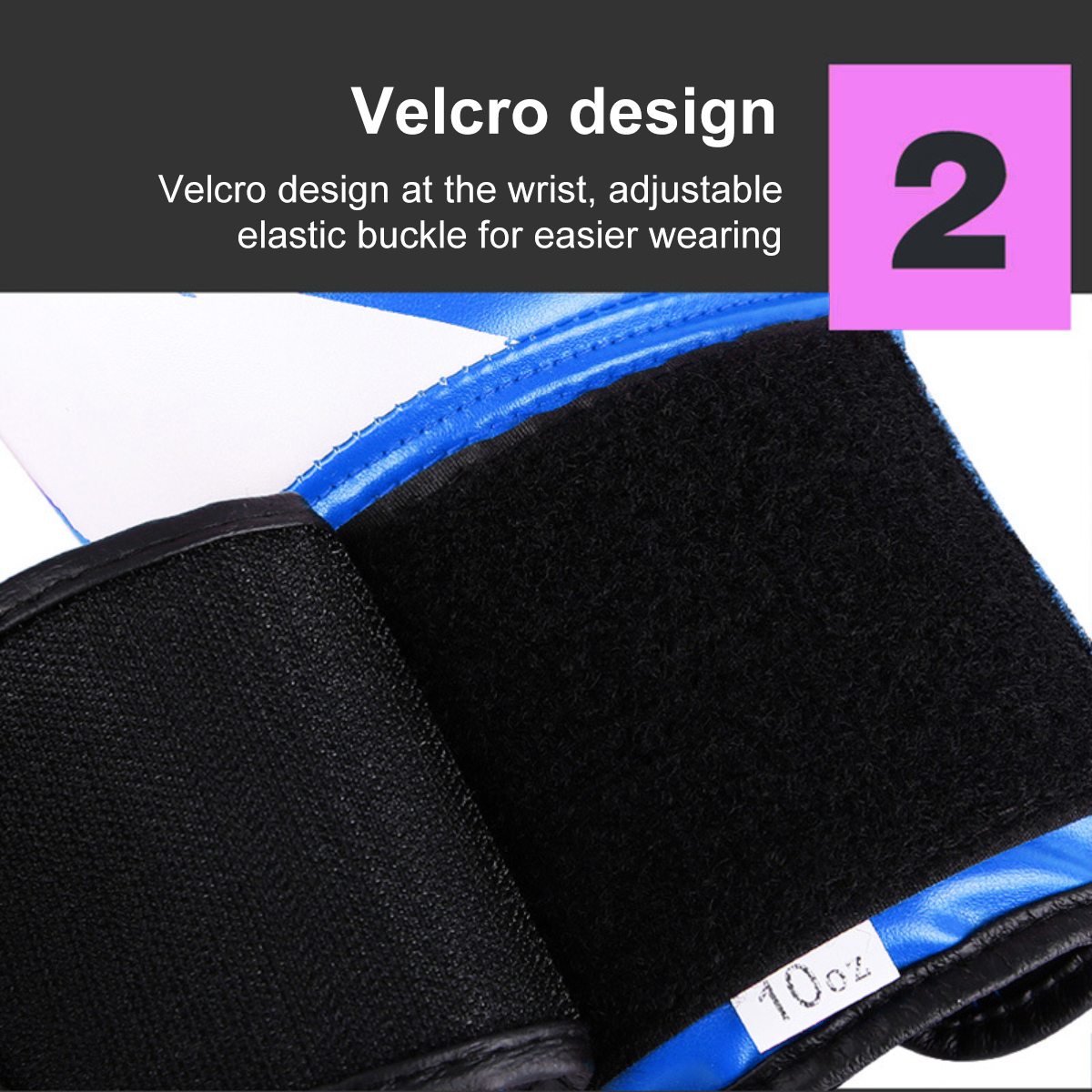 Boxhandschuh-Klettverschluss mit blauen Akzenten und 10oz-Aufdruck.