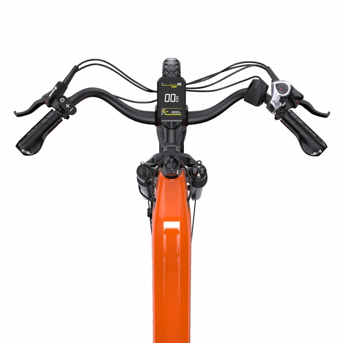 Pomarańczowy kierownica roweru elektrycznego z wyświetlaczem.