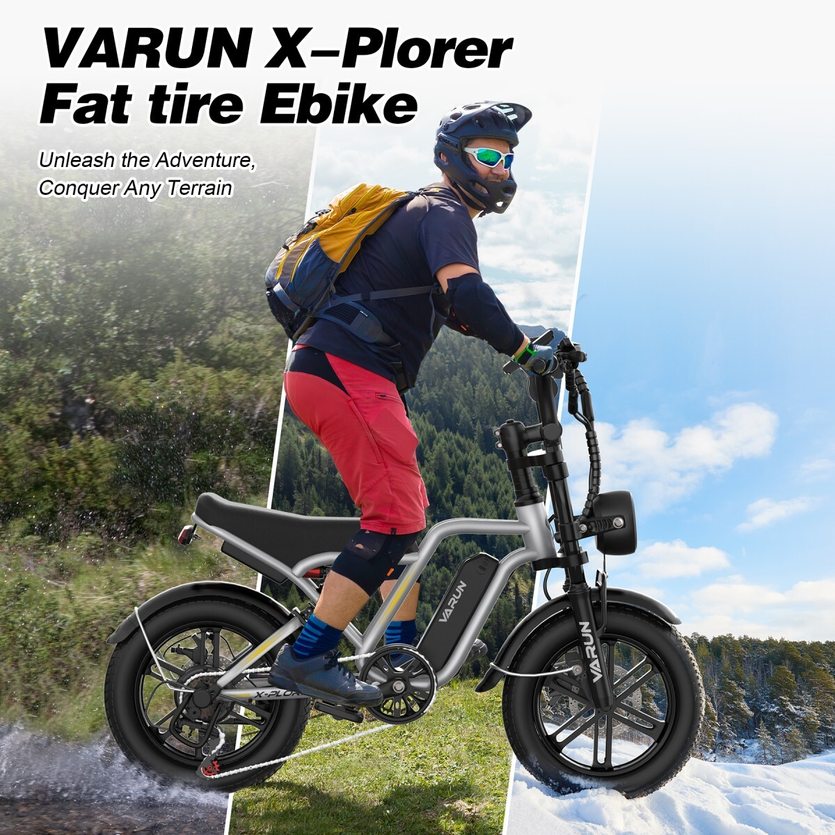 Mężczyzna jedzie srebrnym rowerem elektrycznym fat bike przez różne tereny: las, wodę, śnieg.