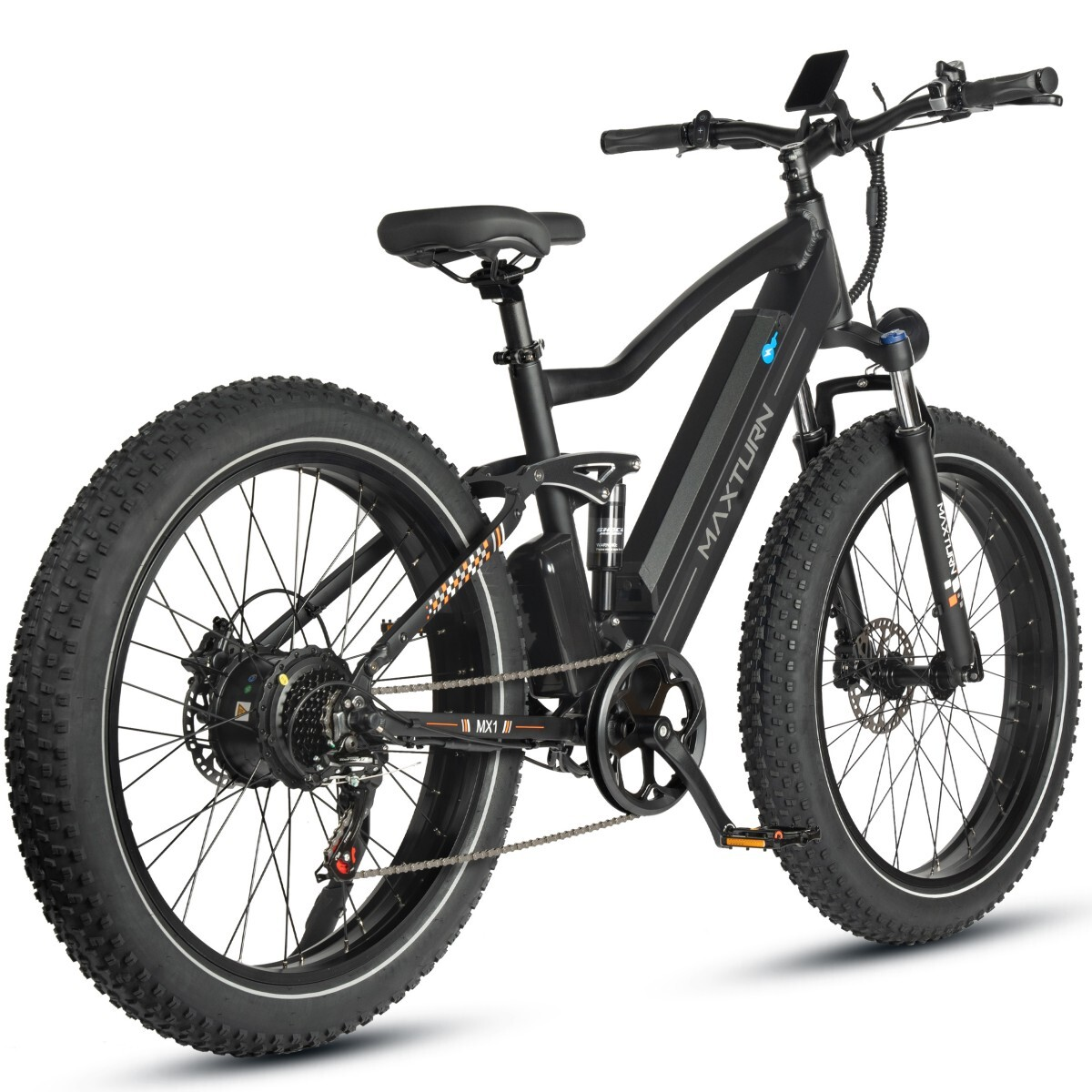 Schwarzes E-Fatbike mit breiten Reifen, Federung und MAXTURN-Logo.