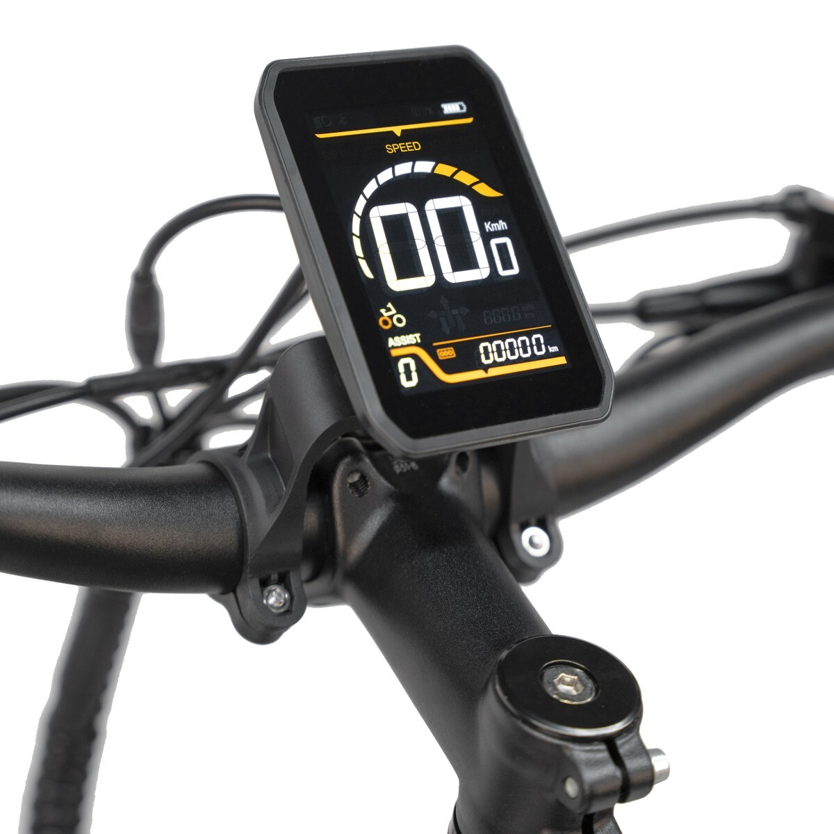 Digitalanzeige eines Fahrradcomputers mit Geschwindigkeit, Assistenzstufe und Kilometerstand.