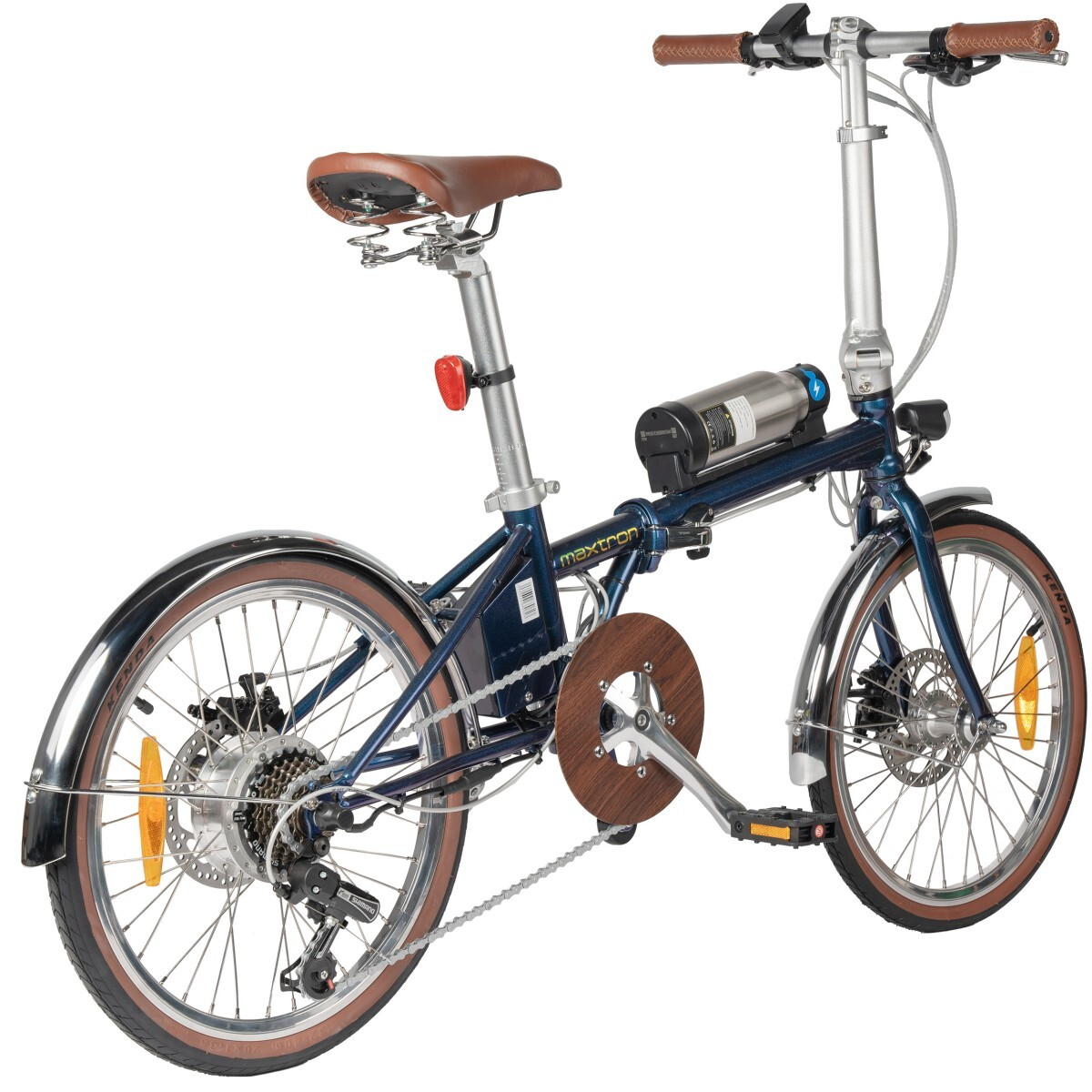 Ciemnoniebieski rower składany z brązowym siodełkiem i uchwytami.