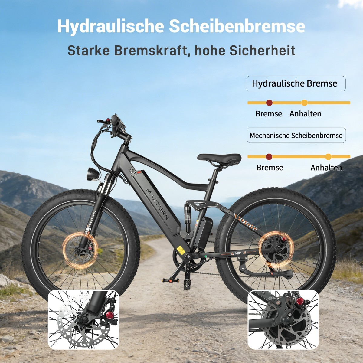 Schwarzes E-Bike mit dicken Reifen und Federung, Berglandschaft im Hintergrund.