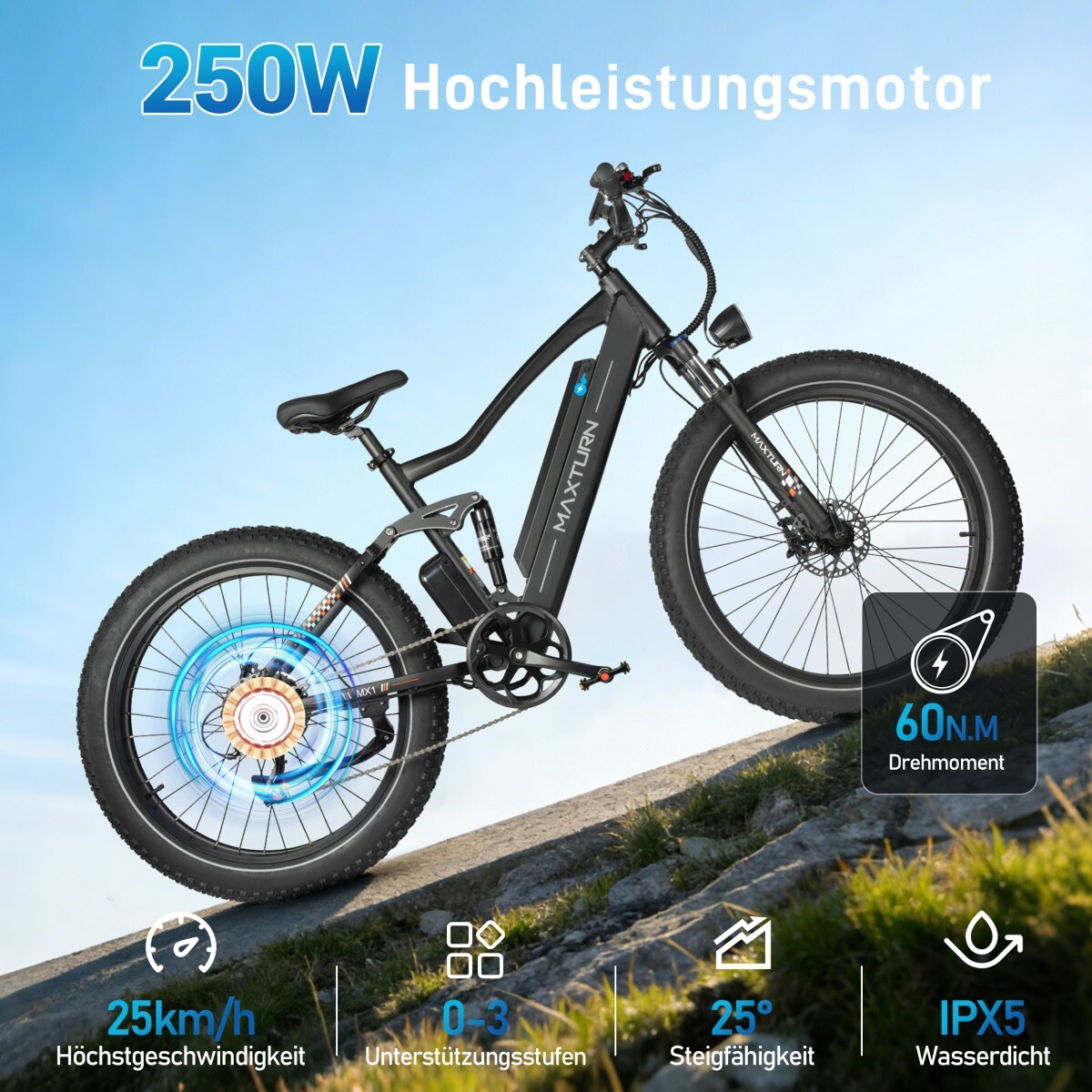 Schwarzes E-Bike mit fetten Reifen auf einem Hang, 250W, 25km/h, IPX5.