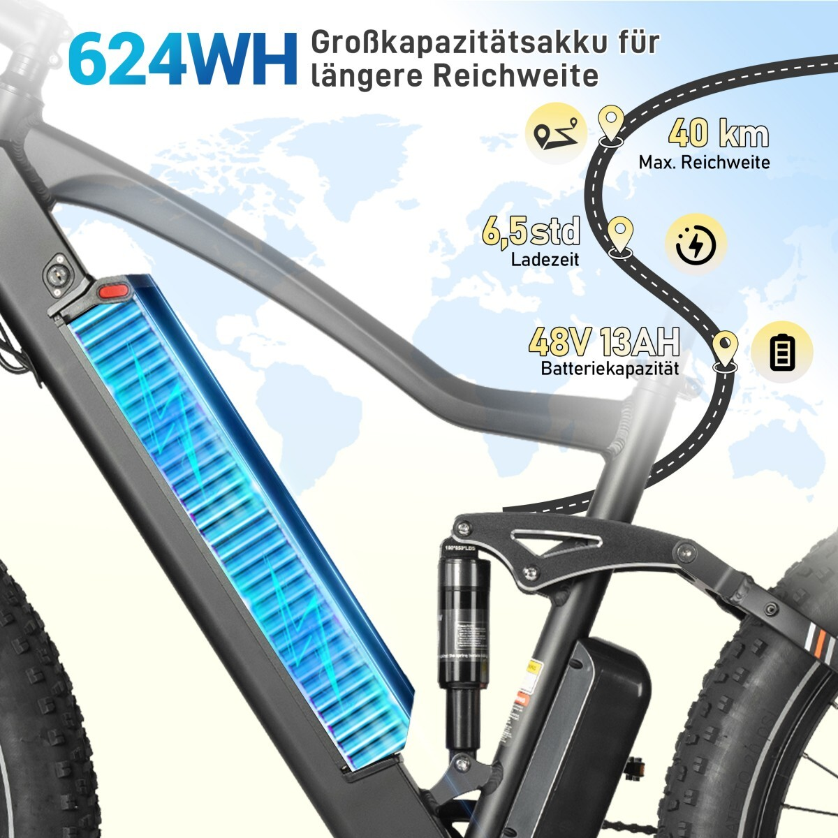 E-Bike Akku mit 624Wh, 48V 13AH, 40km Reichweite, 6.5 Std Ladezeit.