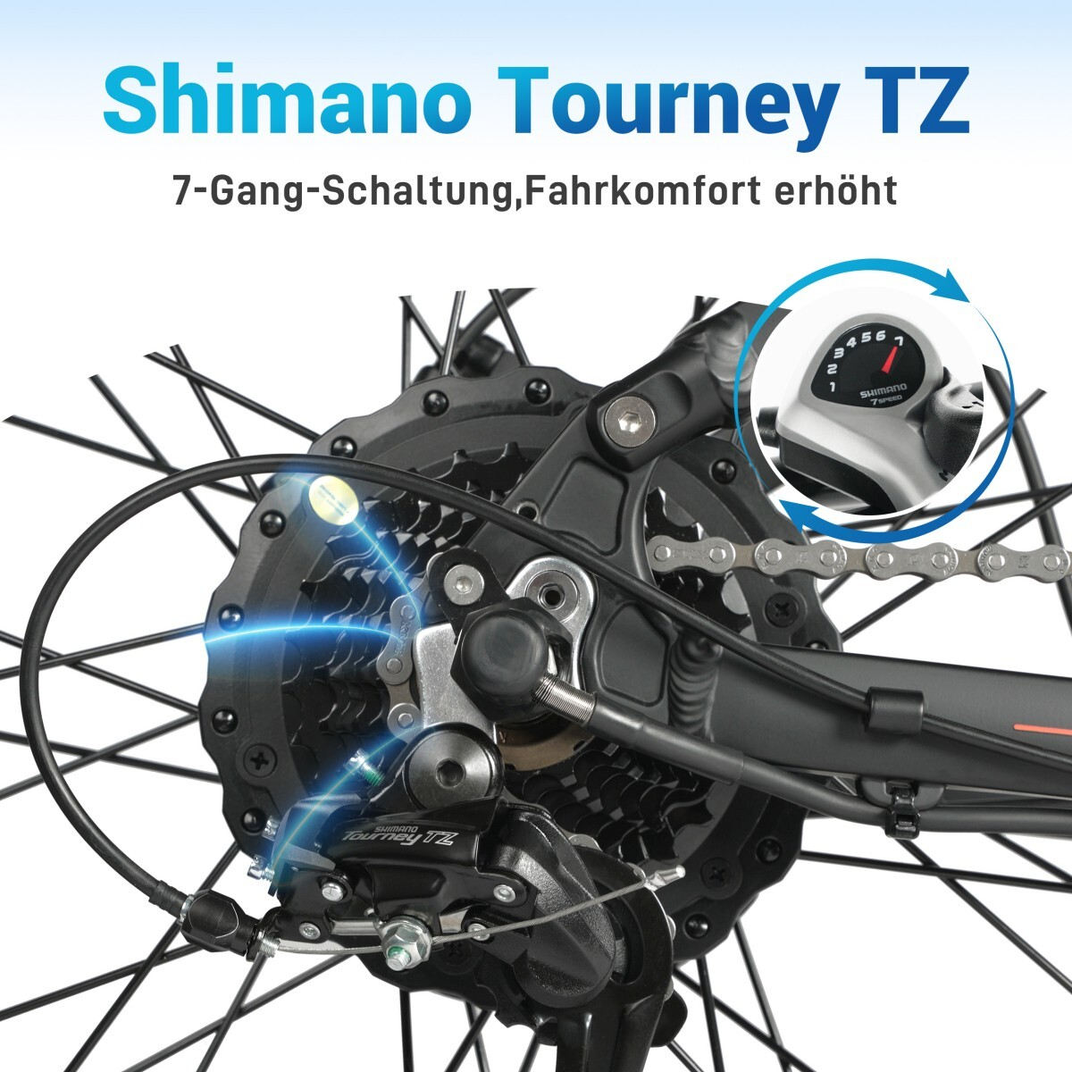 Shimano Tourney TZ 7-Gang-Schaltung am Fahrrad-Schaltwerk und Schalthebel.
